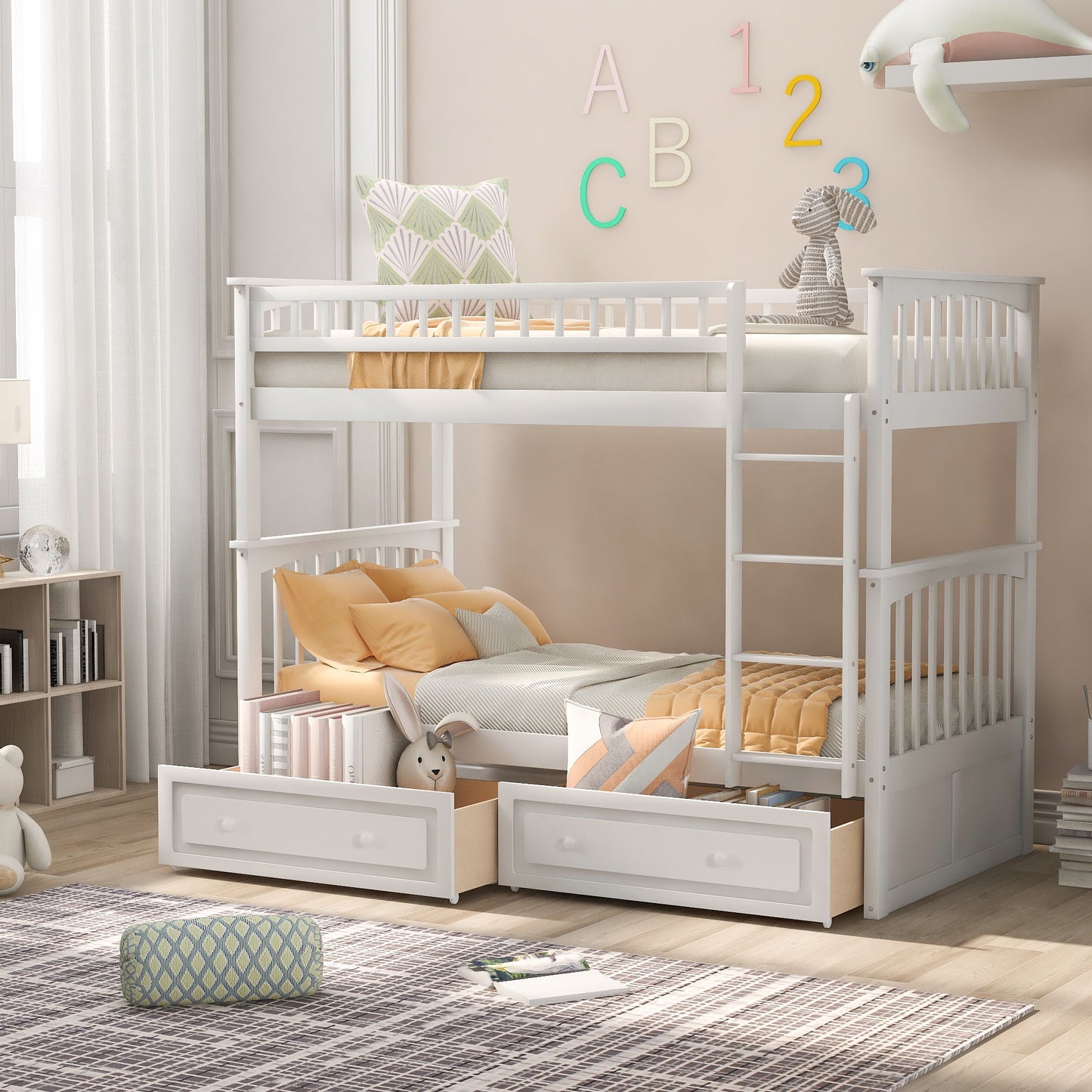 Twin Over Twin Bunk Bed With Drawers, Convertible Beds - White