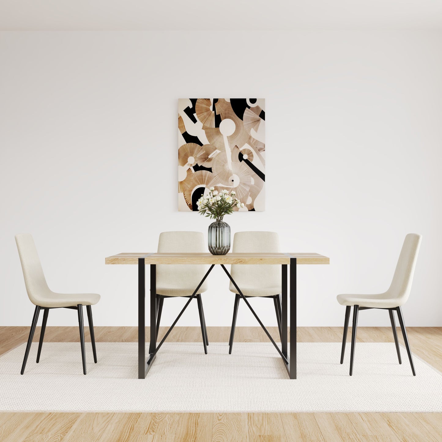 Modern Upholstered Dining Chairs (Set of 4) With Black Metal Legs And Linen Cushion Seat - Beige