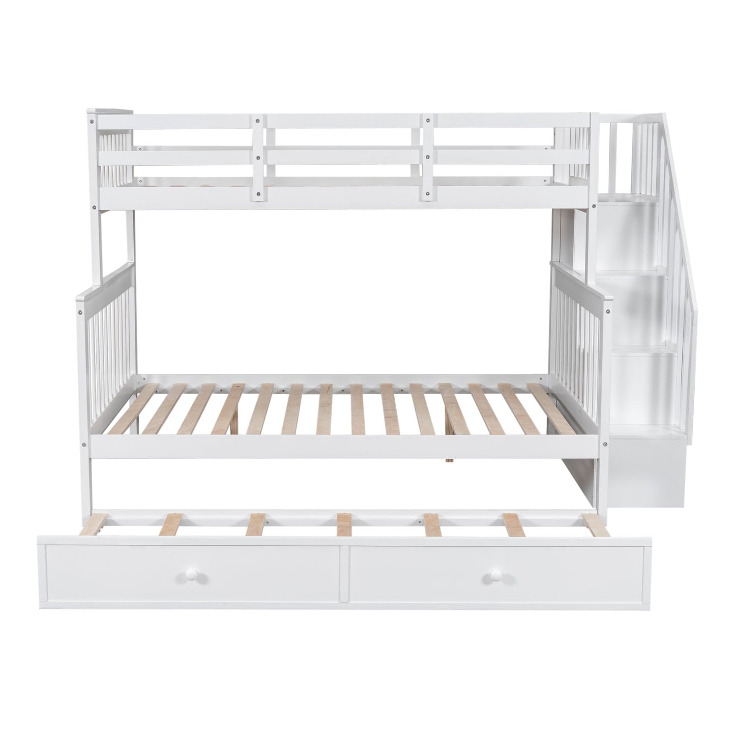 Twin Over Full Bunk Bed With Twin Size Trundle, Storage And Guard Rail For Bedroom - White