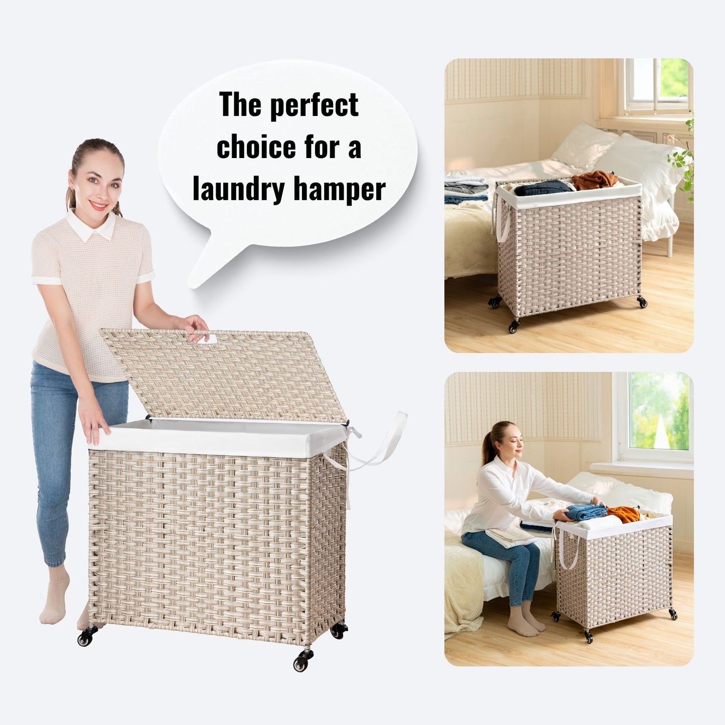Laundry Hamper With Lid PE Rattan Powder Coating Frame Clothes Hampers With 2 Removable Bags, Wheels, 160L - Gray