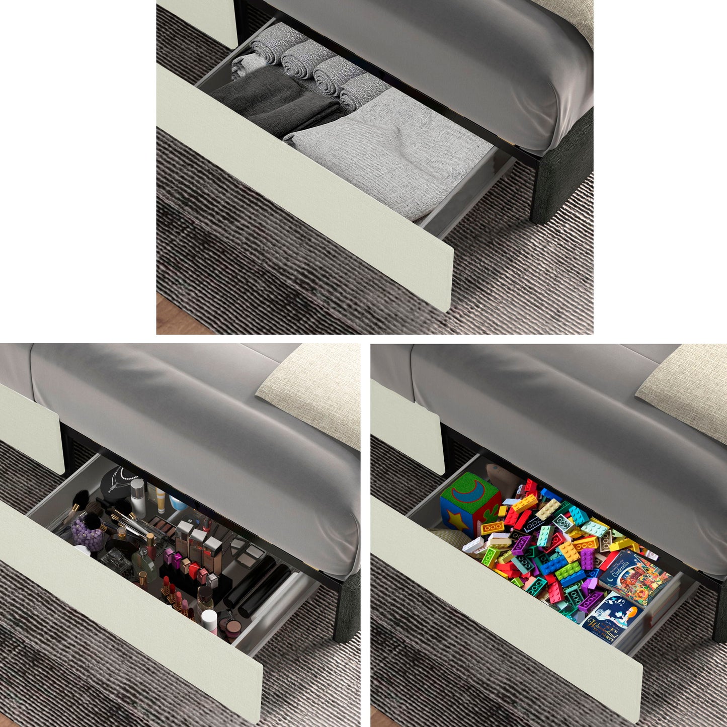 Anna - Queen Patented 2 Drawer Storage Bed, Upholstered Wingback - Ivory Velvet