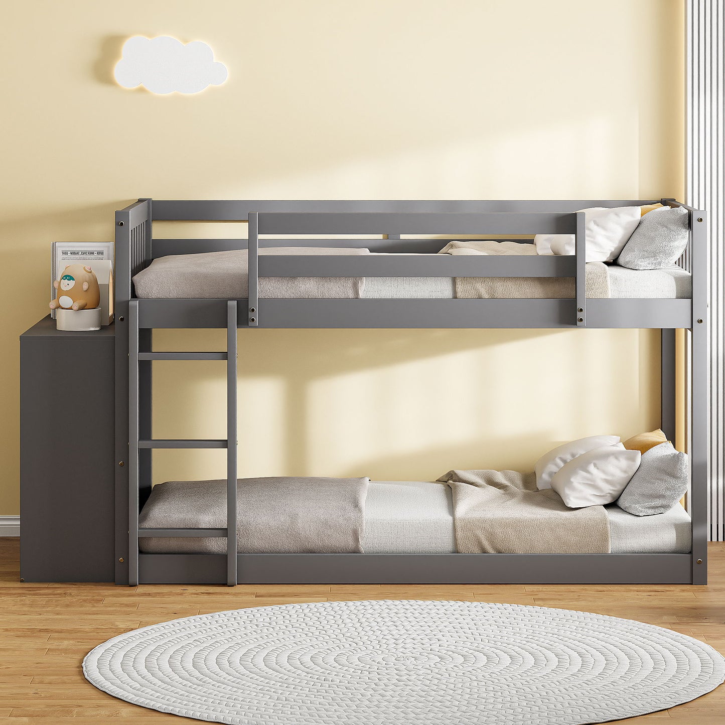 Twin Over Twin Classic Bunk Bed With 4 Drawers And 3 Shelves - Gray