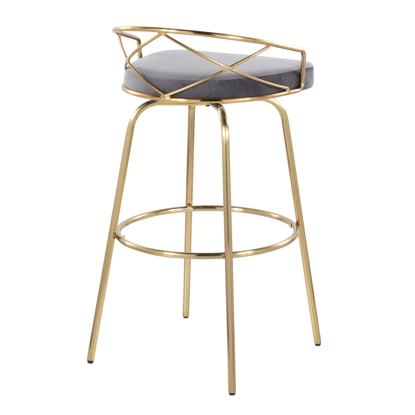 Charlotte - Glam Glam / Art Deco Fixed Height Barstool With Swivel With Round Footrest (Set of 2) - Gold / Gray