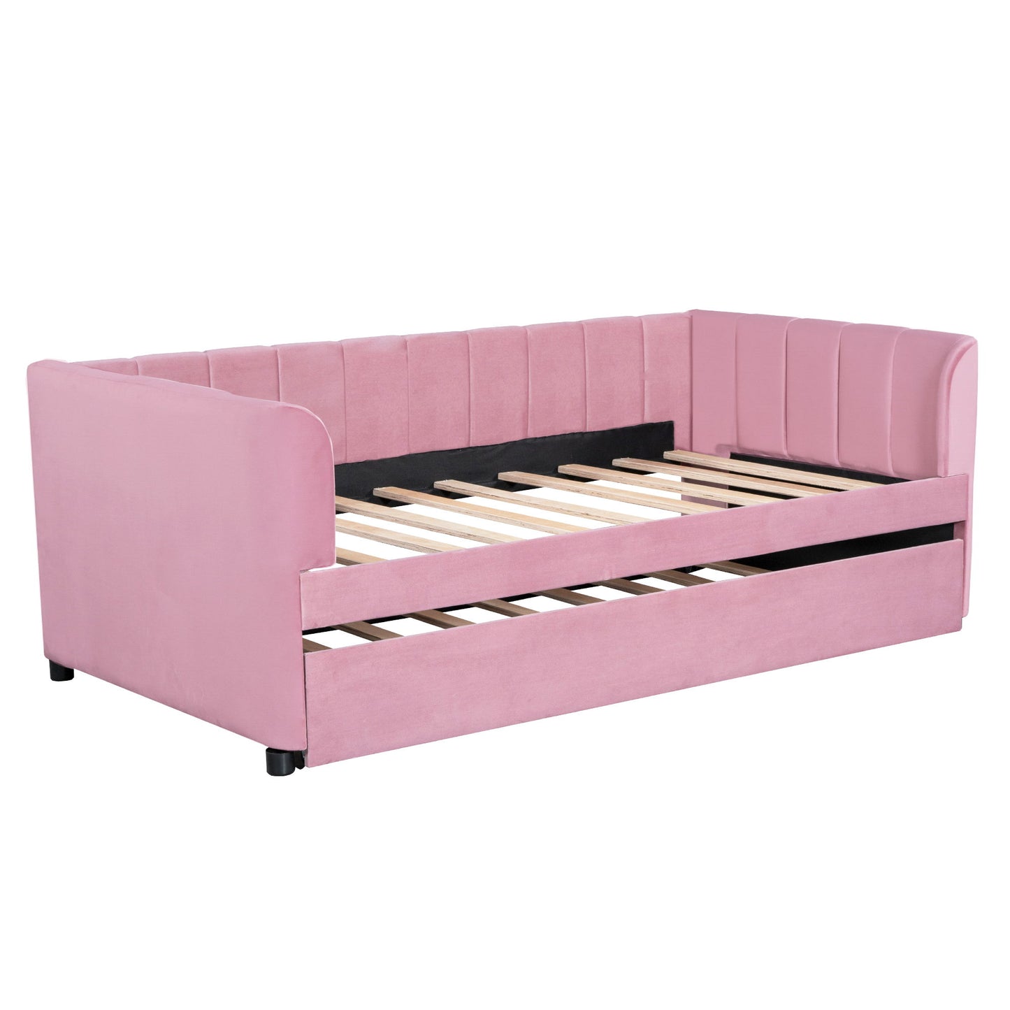 Twin Size Upholstered Daybed With Ergonomic Design Backrest And Trundle - Pink