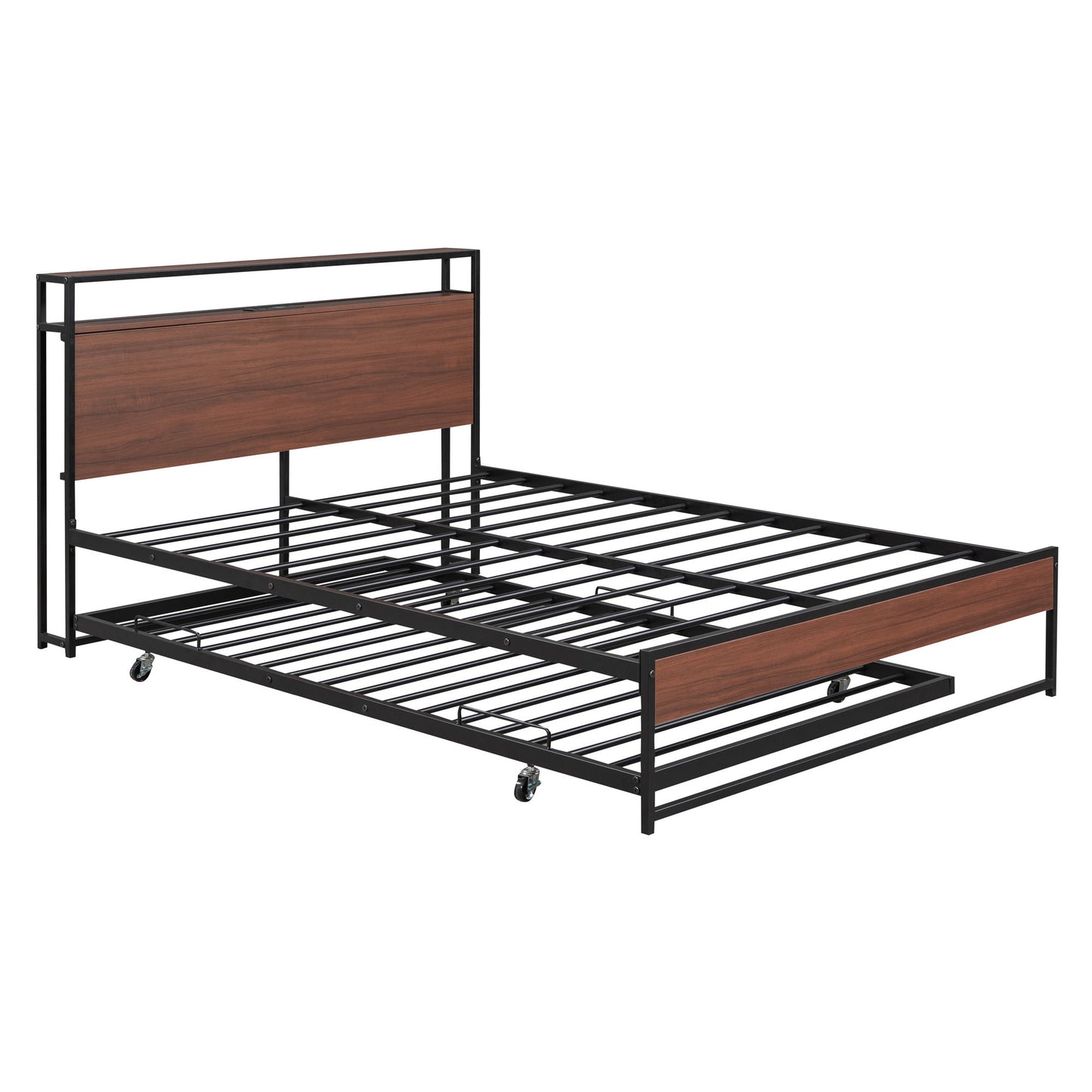 Full Size Platform Bed Frame With Trundle, USB Ports And Slat Support,No Box Spring Needed - Black