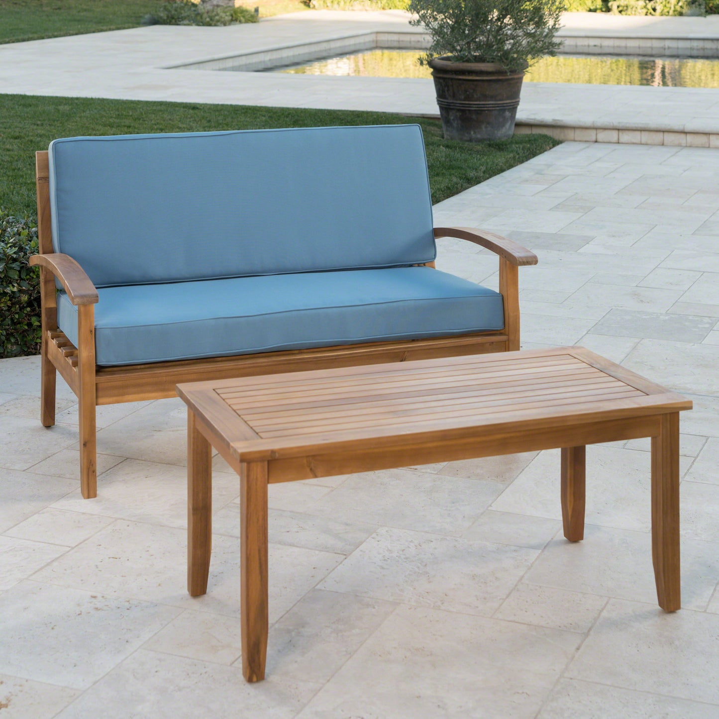 Outdoor Chat Set With Coffee Table And Loveseat - Teak