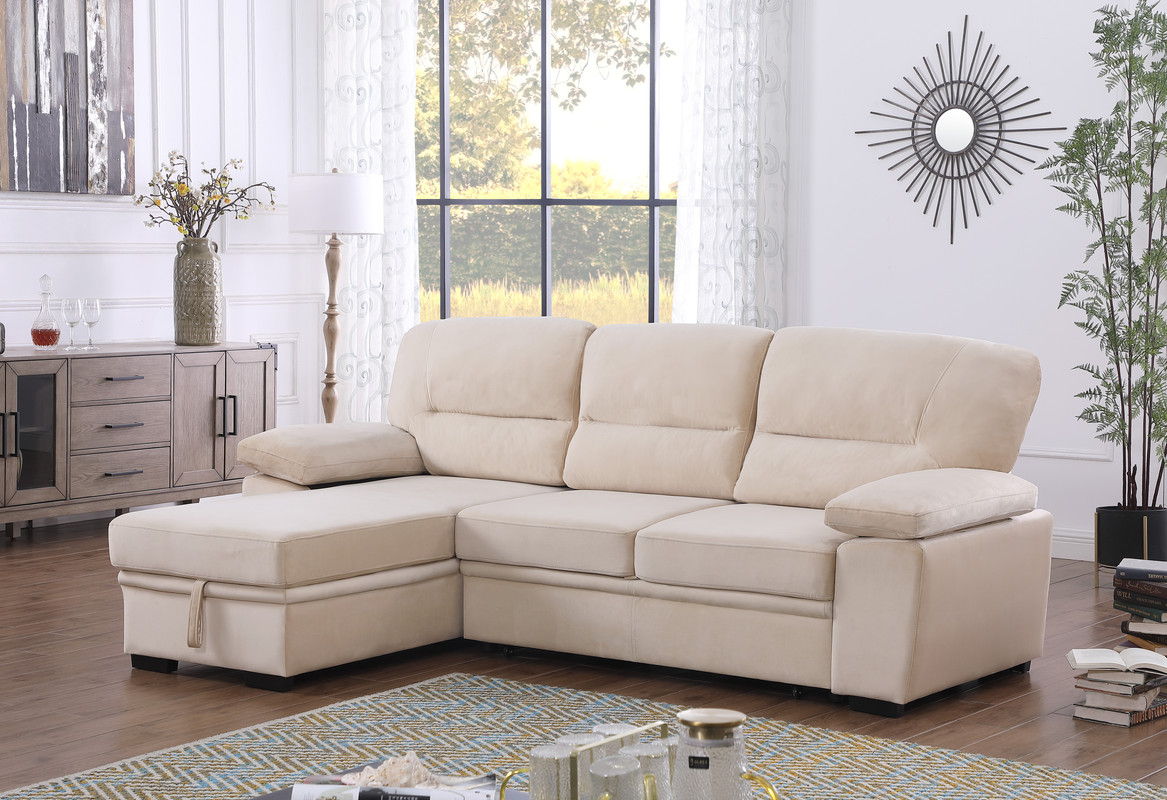 Kipling - Velvet Fabric Reversible Sleeper Sectional Sofa Chaise - Beige