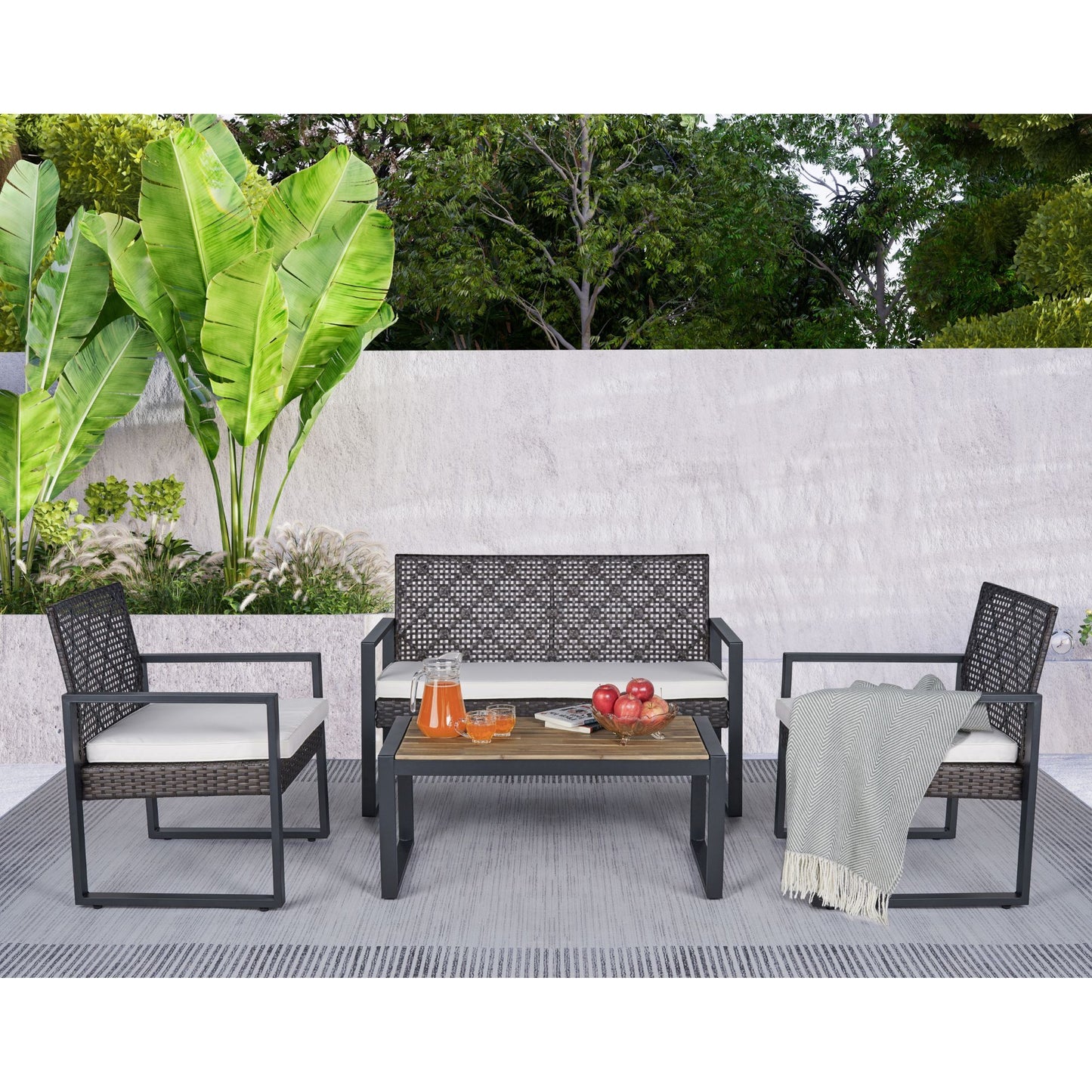 Modern 4 Piece Patio Furniture Set With Acacia Wood Table Top And Beige Cushions - Brown