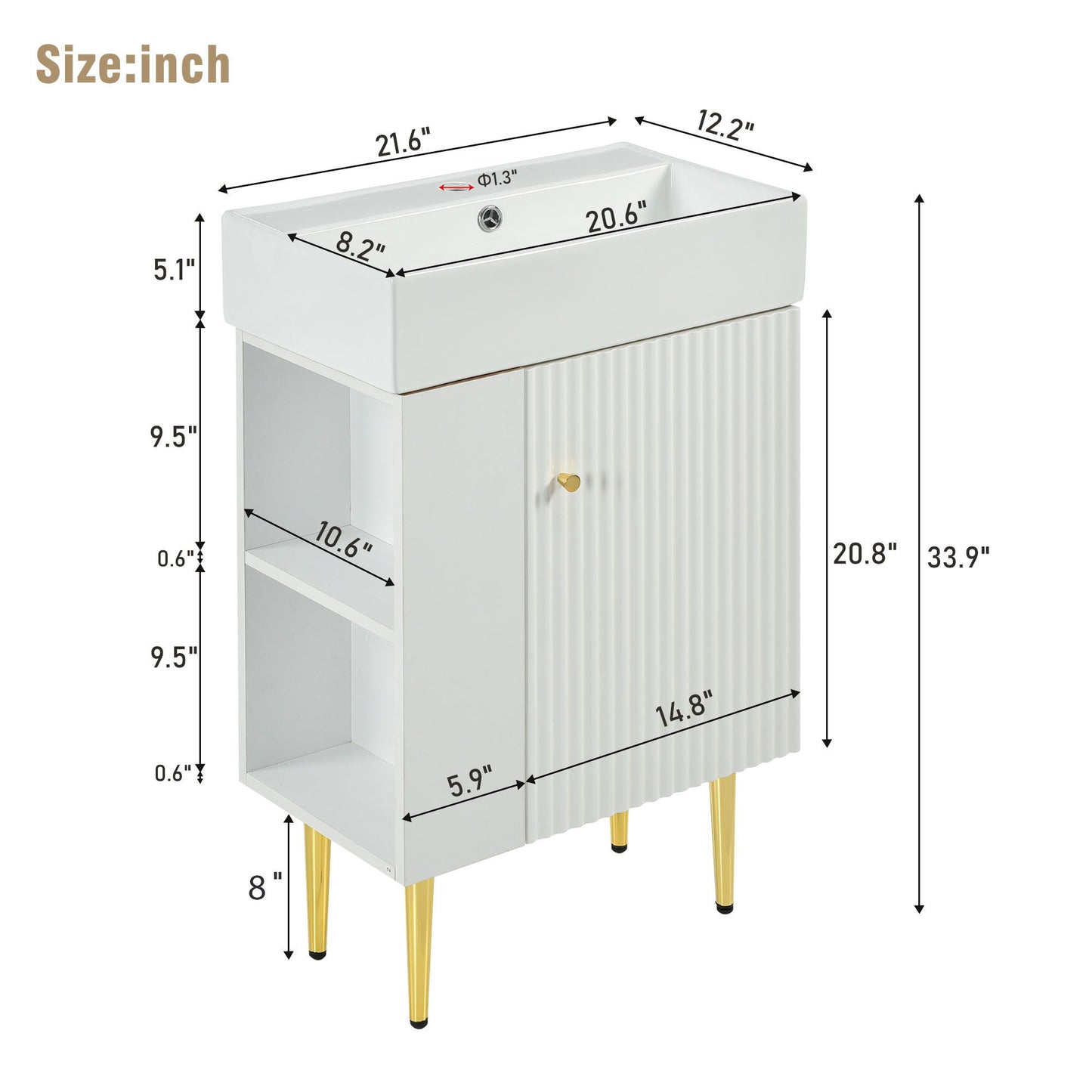 Hearth & Haven Amelia - Bathroom Vanity With Storage Cabinet, Single Ceramic Sink And Left Side Storage - White