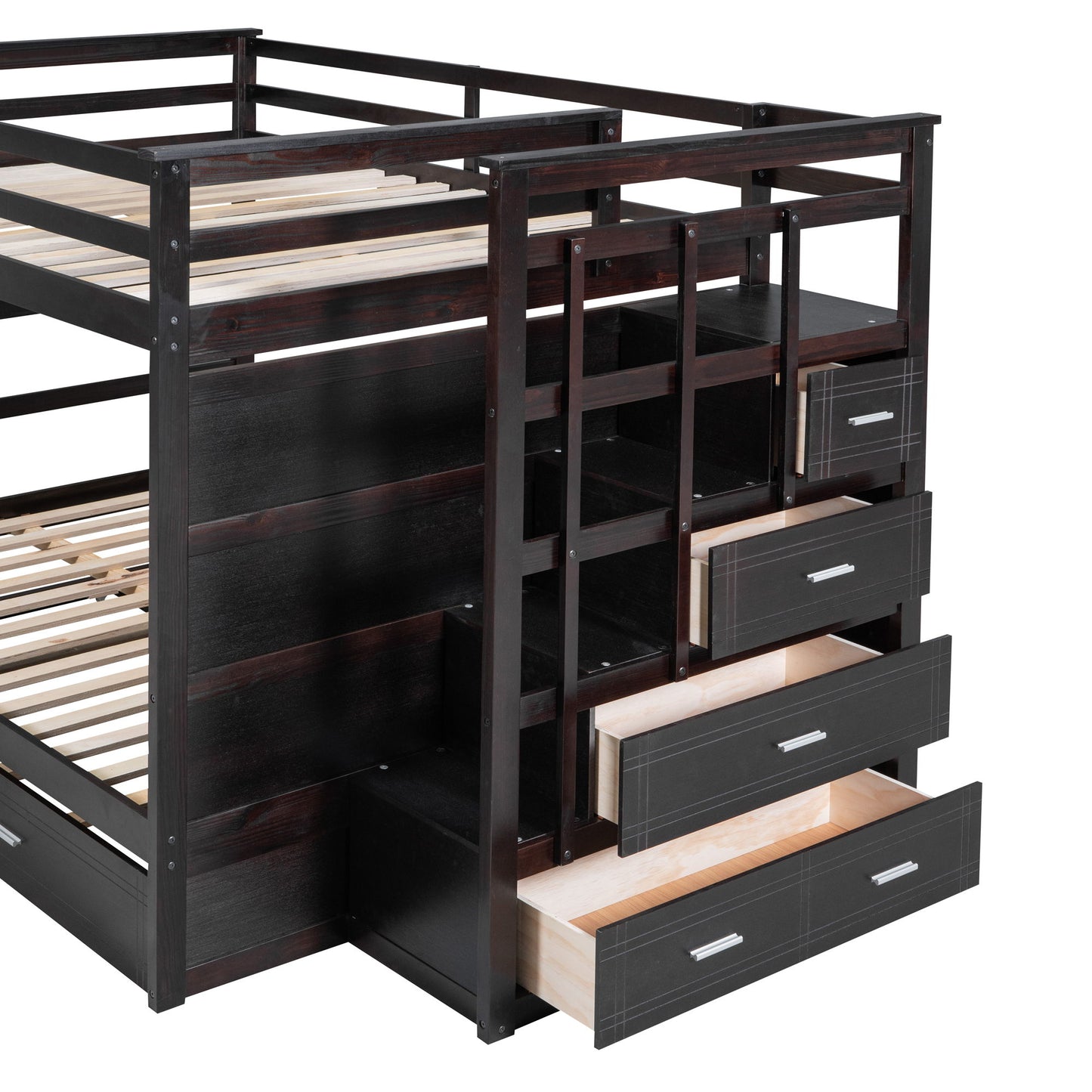 Full Over Full Bunk Bed With Twin Size Trundle And Staircase - Espresso
