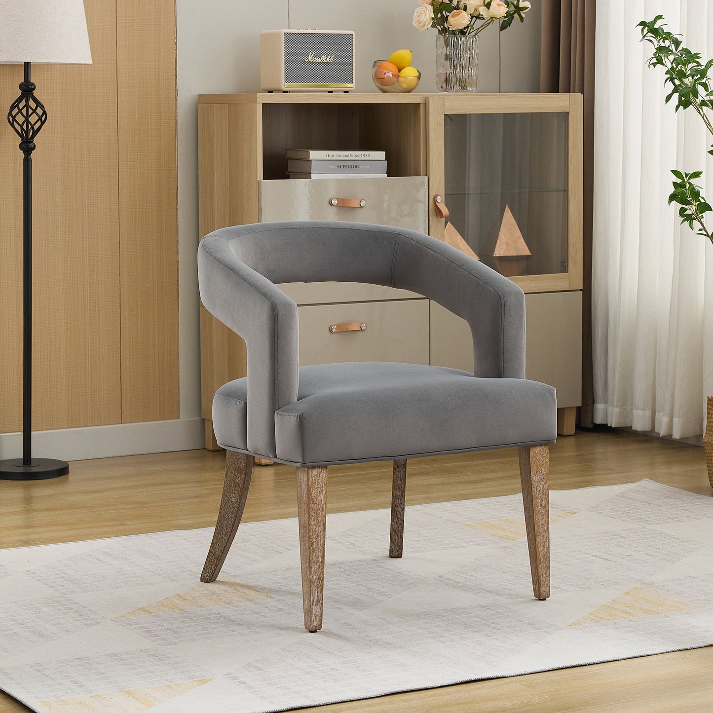 Wide Modern Barrel Open Back Upholstered Accent Chair With Weathered Solid Wood Legs Dining Chairs For Dining Room, Club, Kitchen - Gray