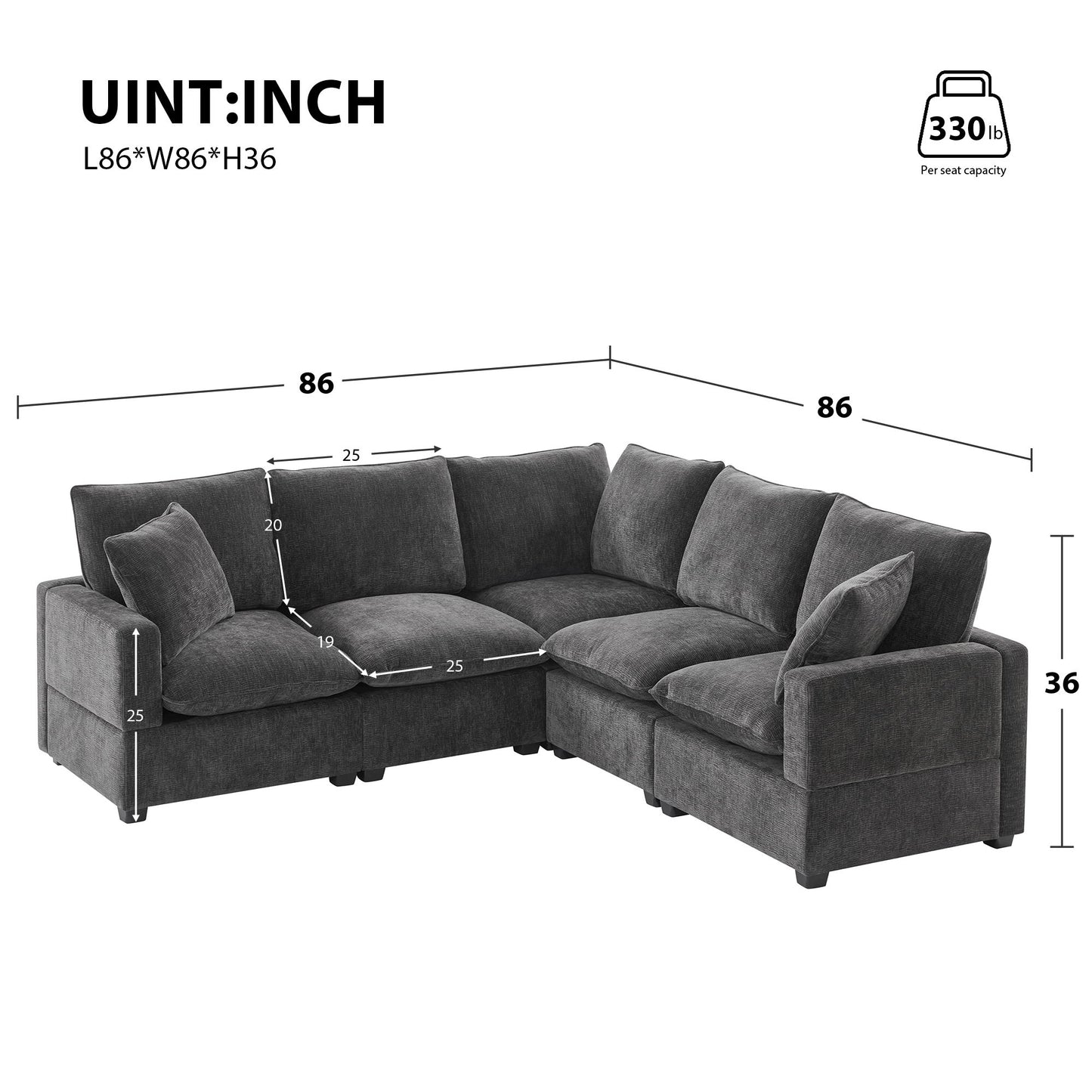 Modern L Shape Modular Sofa, 5 Seat Chenille Sectional Couch Set With 2 Pillows Included, Freely Combinable Indoor Funiture - Black / Gray