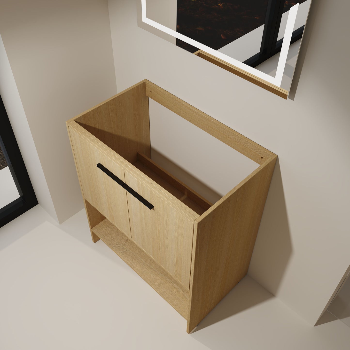 Modern Freestanding 30" Bathroom Vanity With Open Storage Compartment, Construction, Excluding Sink - Oak