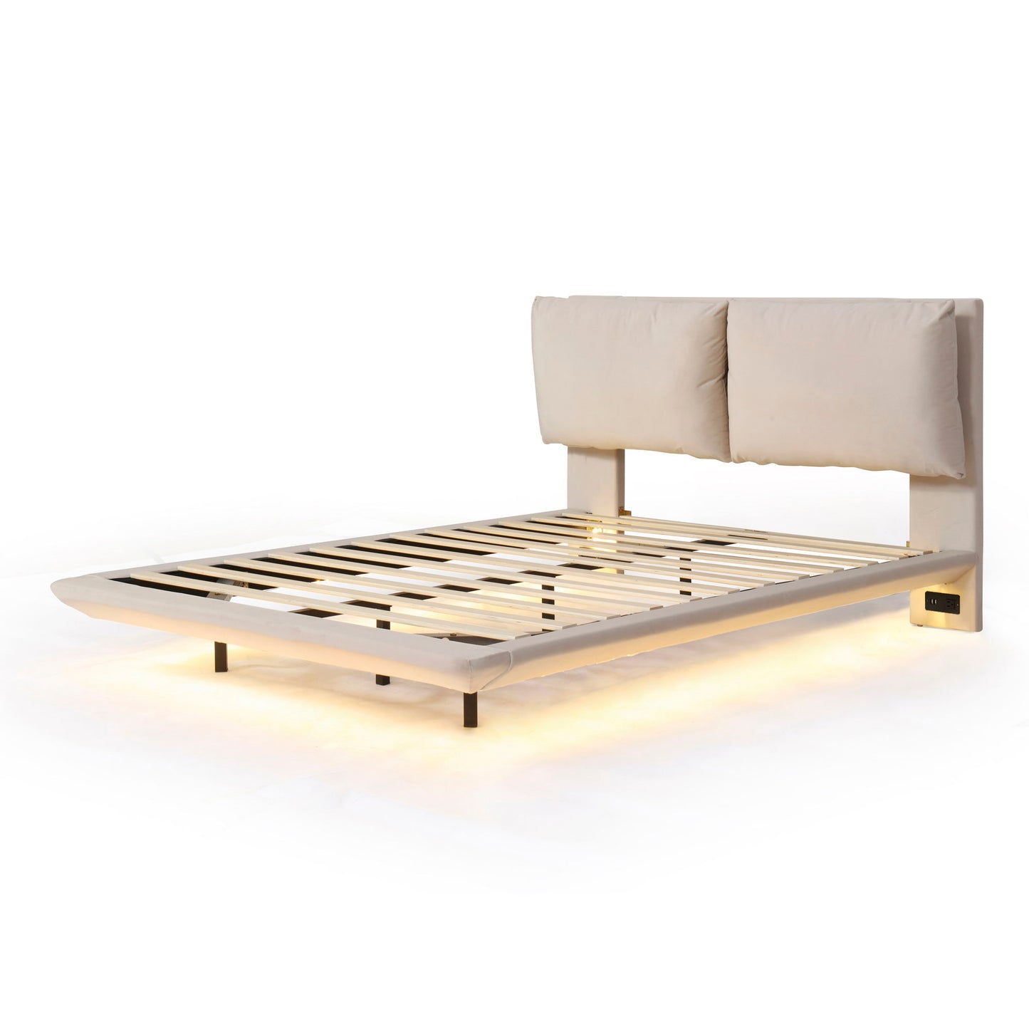 Queen Size Upholstered Platform Bed With Sensor Light And 2 Large Backrests, With 2 Sets Of USB Port And Socket On Each Rear Bed Leg - Beige