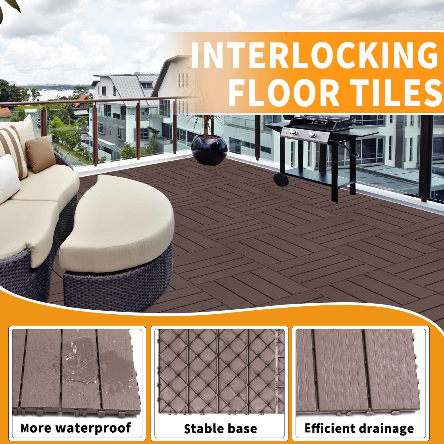 Plastic Interlocking Deck Tiles, (Set of 44), Patio Flooring Outdoor Waterproof All Weather Use For Garden Poolside Front / Back Yard - Light Coffee Color
