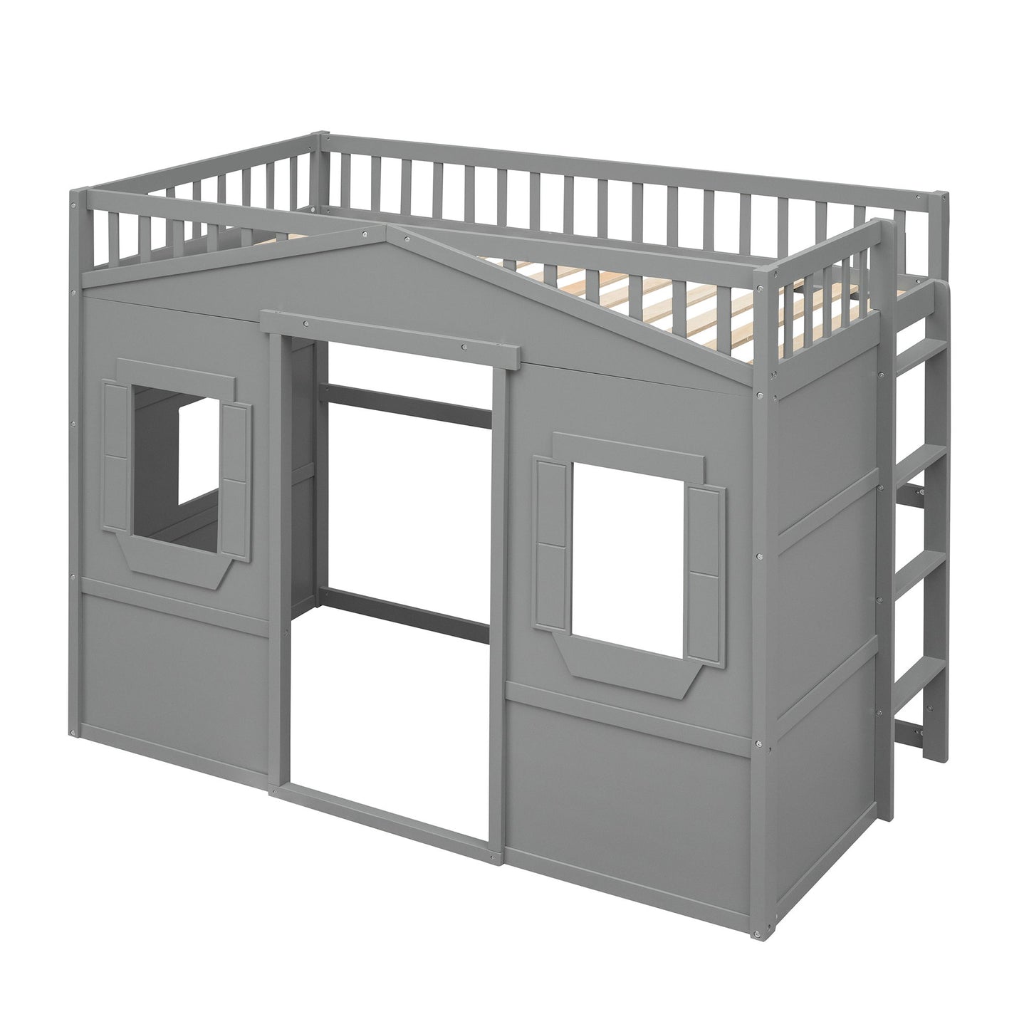 Twin Size House Loft Bed With Ladder - Gray