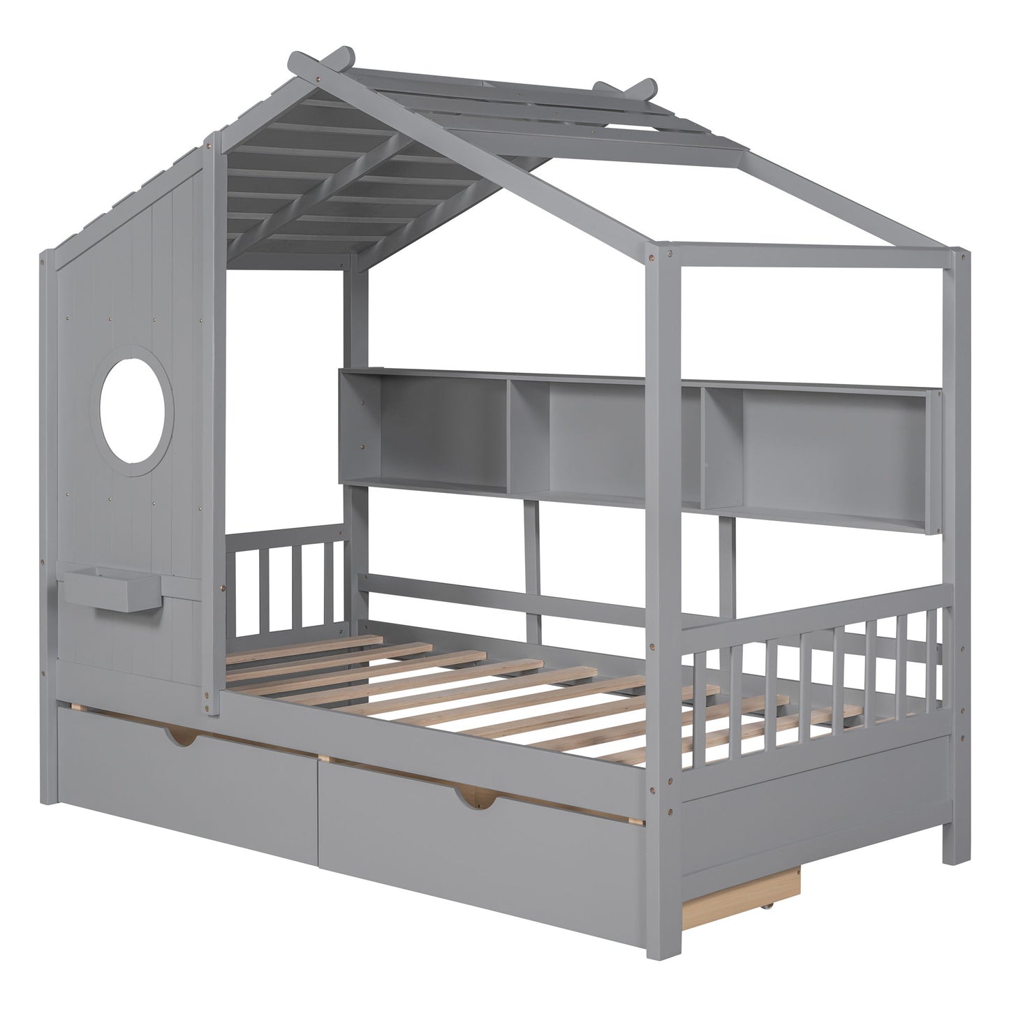 Twin Size House Bed With 2 Drawers, Kids Bed With Storage Shelf - Gray