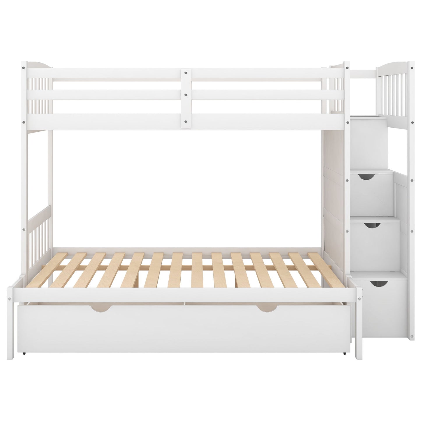 Twin Over Full / Twin Bunk Bed, Convertible Bottom Bed, Storage Shelves And Drawers - White