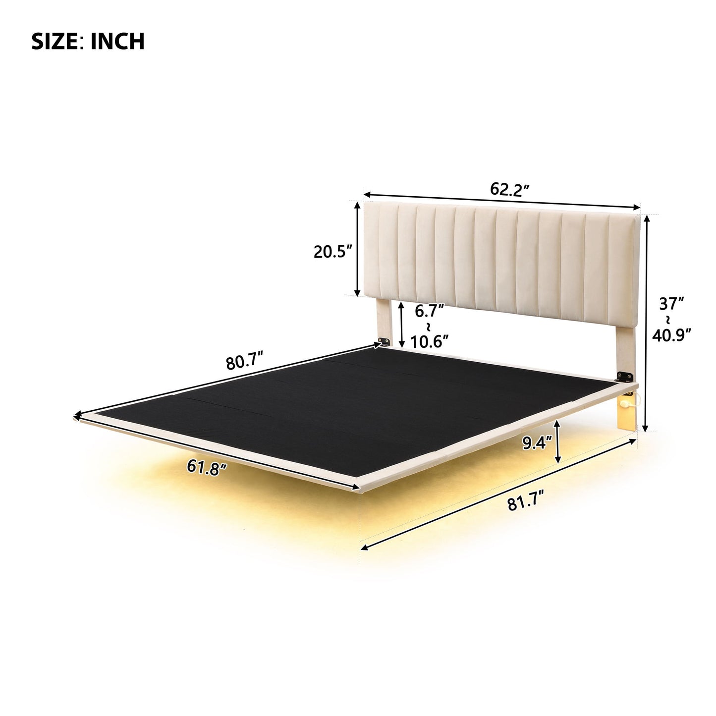 Queen Size Upholstered Bed With Sensor Light And Headboard, Floating Platform Bed - Beige