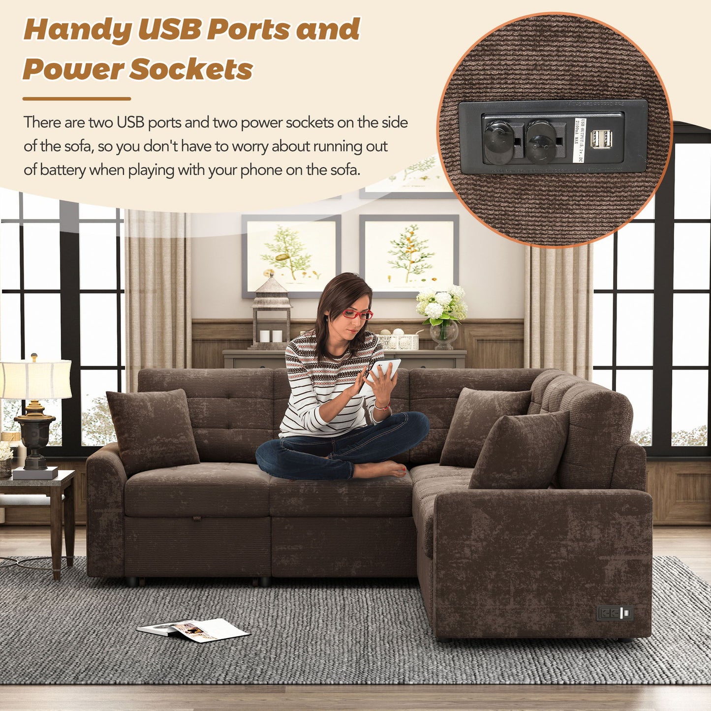 L-Shape Sofa Bed Pull-Out Sleeper Sofa With Wheels, USB Ports, Power Sockets For Living Room - Brown
