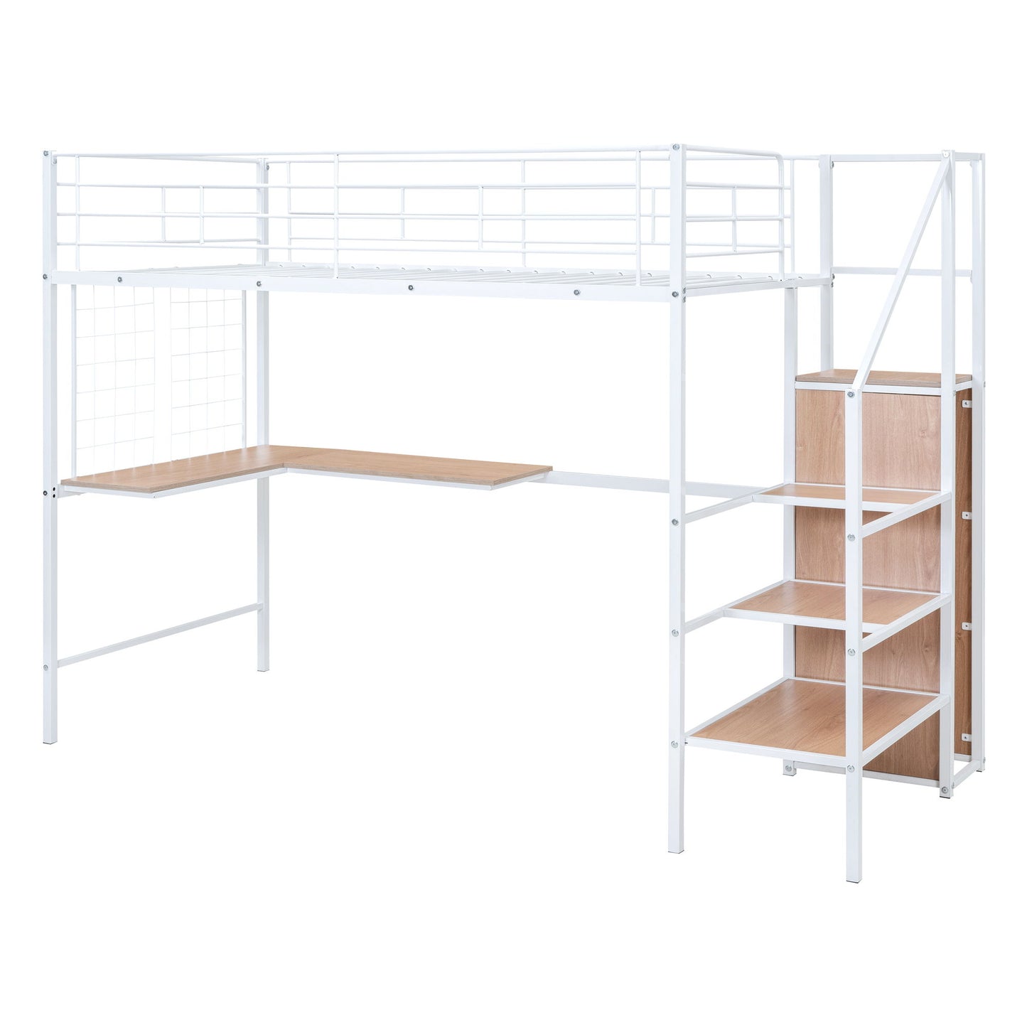 Twin Size Loft Bed With Desk And Grid, Stylish Frame With Lateral Storage Ladder And Wardrobe - White
