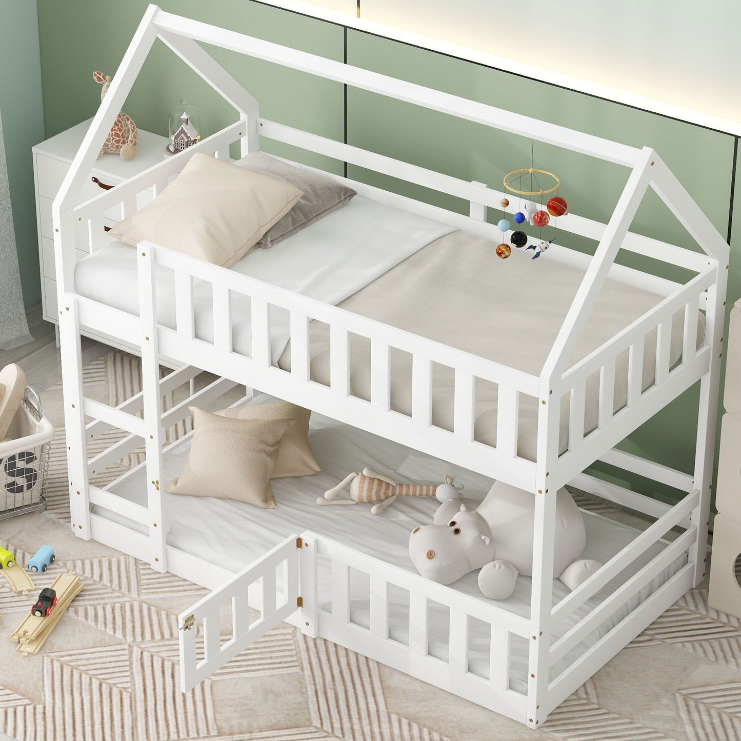 Twin Over Twin House Bunk Bed With Fence And Door - White
