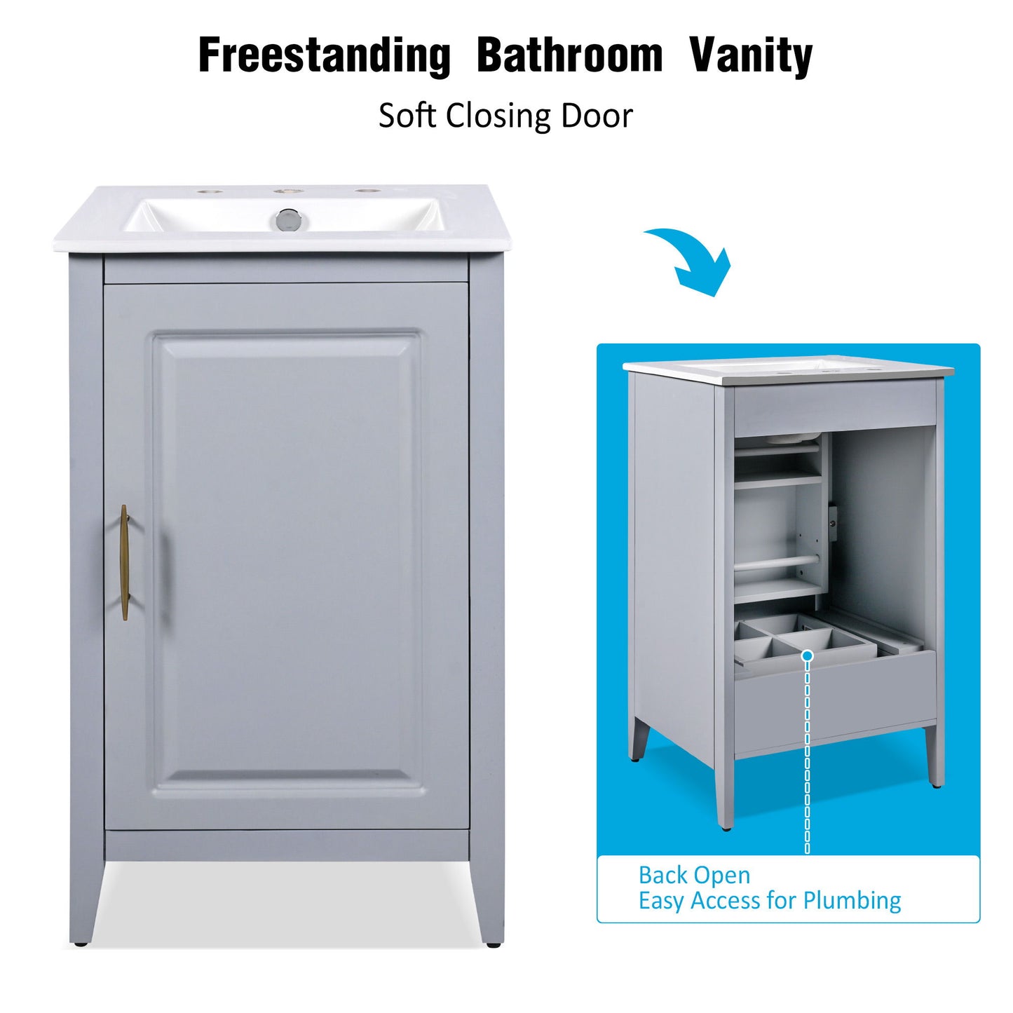 Modern 20.3" Bathroom Vanity With Sink And Functional Storage - Gray