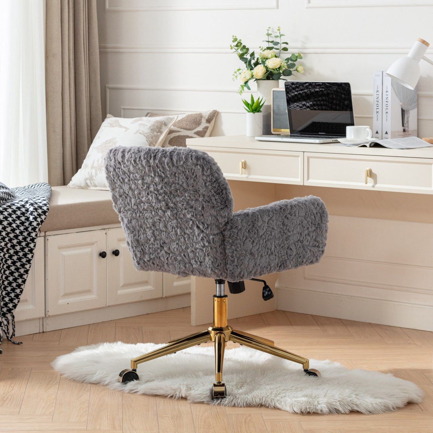 Office Chair, Artificial Rabbit Hair Home Office Chair With Golden Metal Base, Adjustable Desk Chair Swivel Office Chair, Vanity Chair - Gray