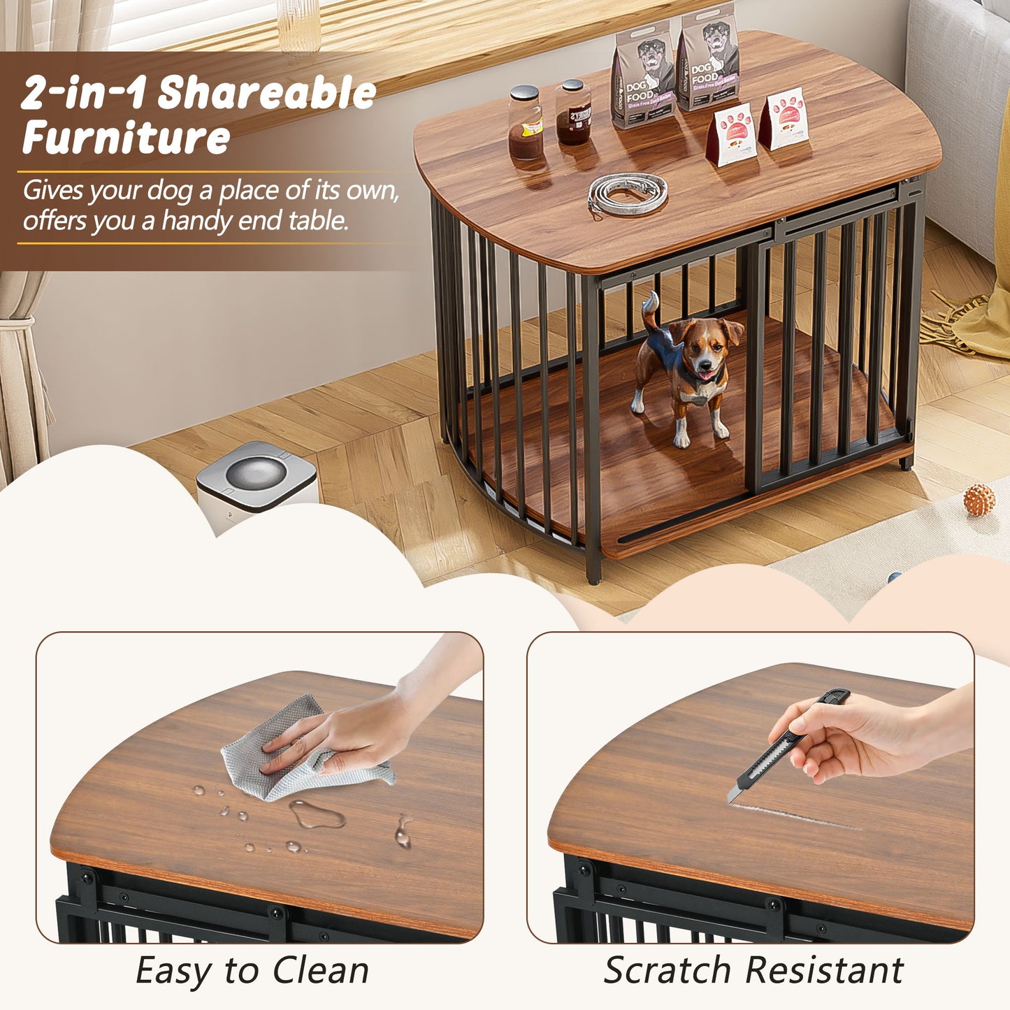 Furniture Style Dog Crate For Small And Medium Dogs, Wooden Cage Indoor Kennel Furniture, Modern Dog Crate End Table With Double Doors - Brown