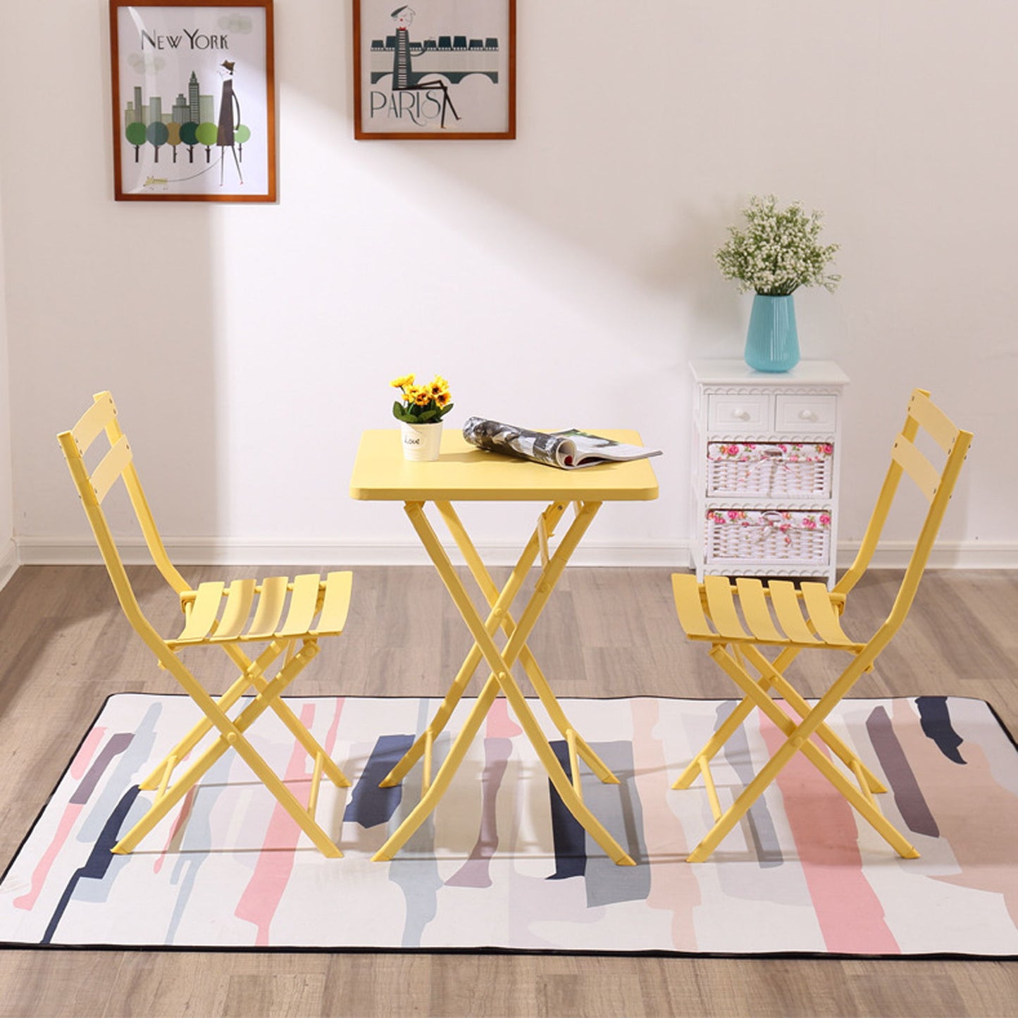 3 Piece Patio Bistro Set Of Foldable Square Table And Chairs - Yellow