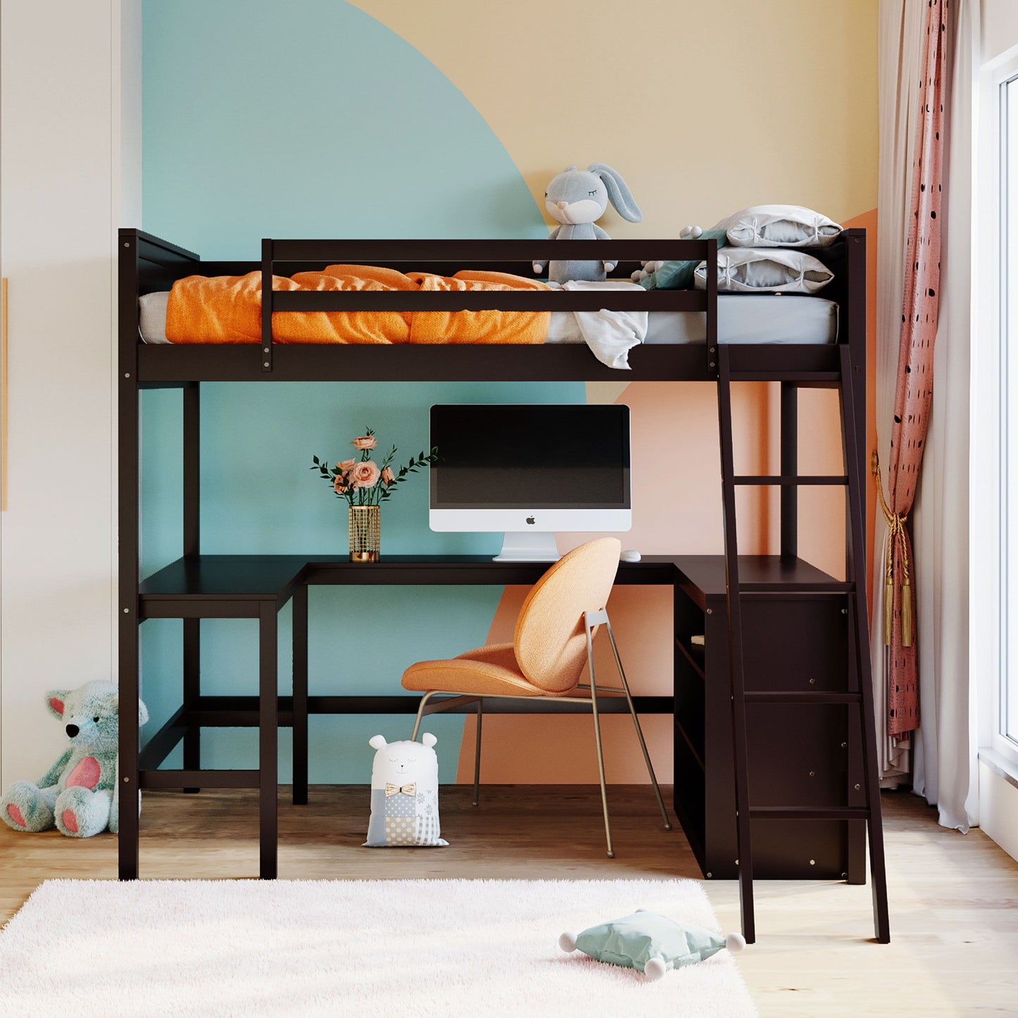 Full Size Loft Bed With Shelves With Desk - Espresso
