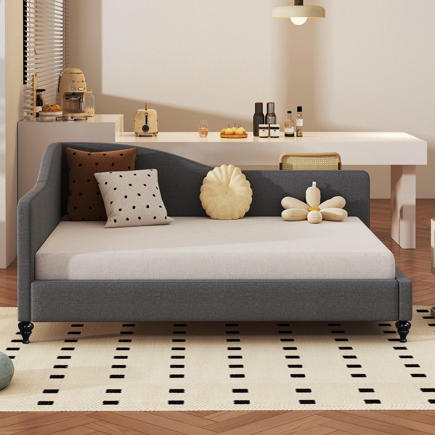 Full Size Modern L Shaped Linen Daybed With Legs - Gray