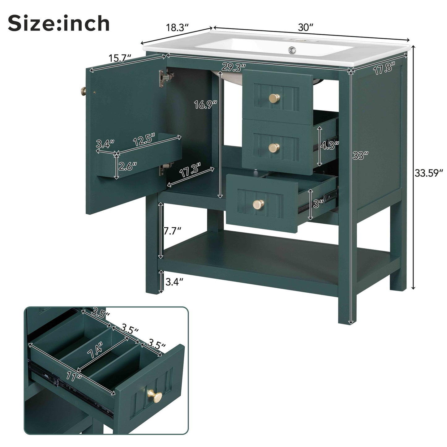 Transitional Style Bathroom Vanity Cabinet Combo With Ceramic Sink - Green