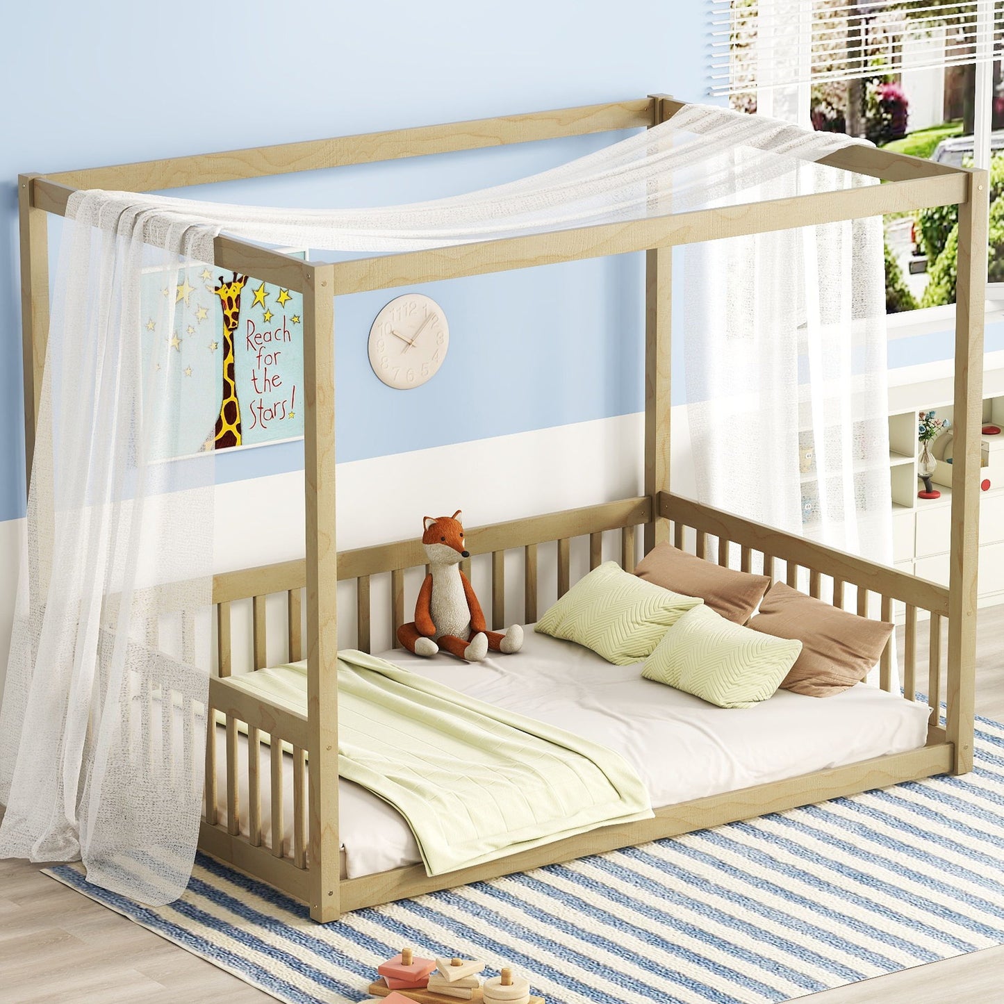 Full Size Canopy Frame Floor Bed With Fence, Guardrails - Natural