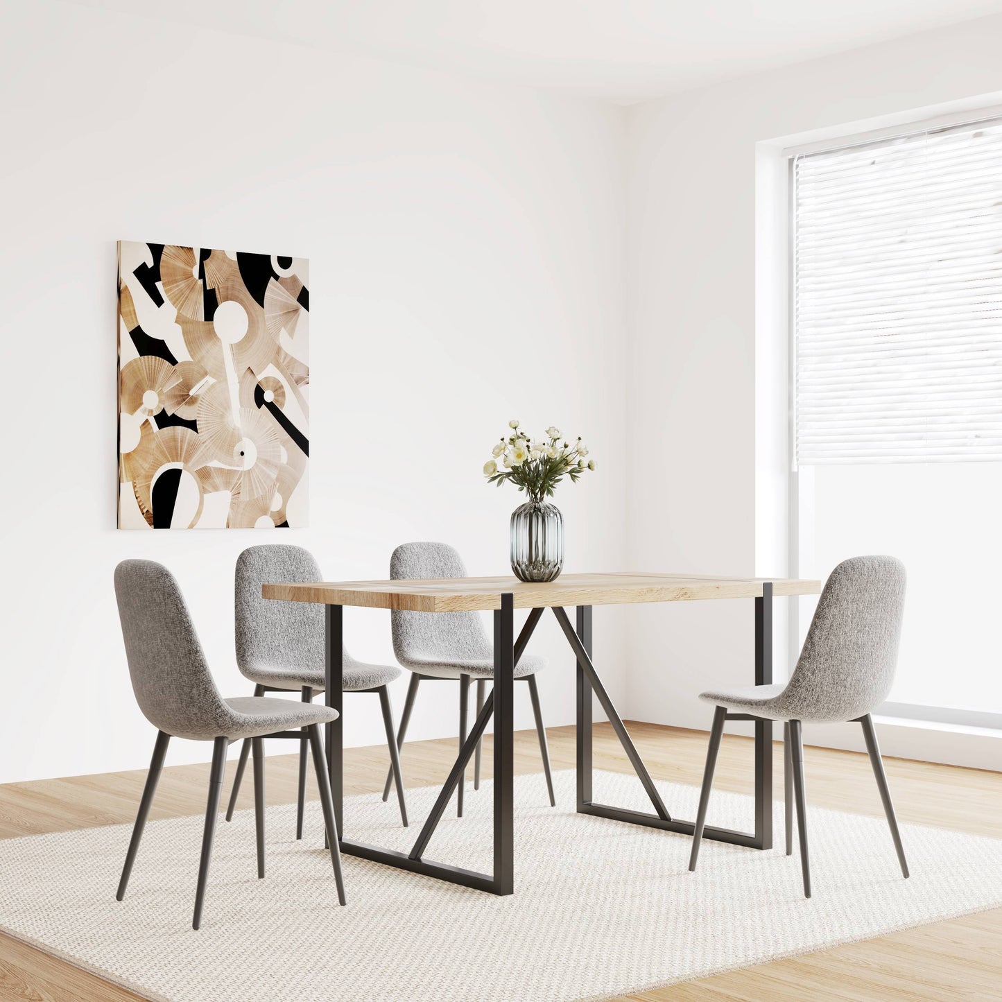 Modern Spoon Shape Dining Chairs (Set of 4) With Linen Upholstered Seat And Metal Legs - Light Gray