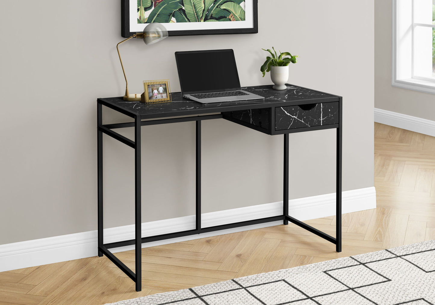 Computer Desk For Home Office, Laptop, Storage Drawer, Marble Look Contemporary & Modern - Black