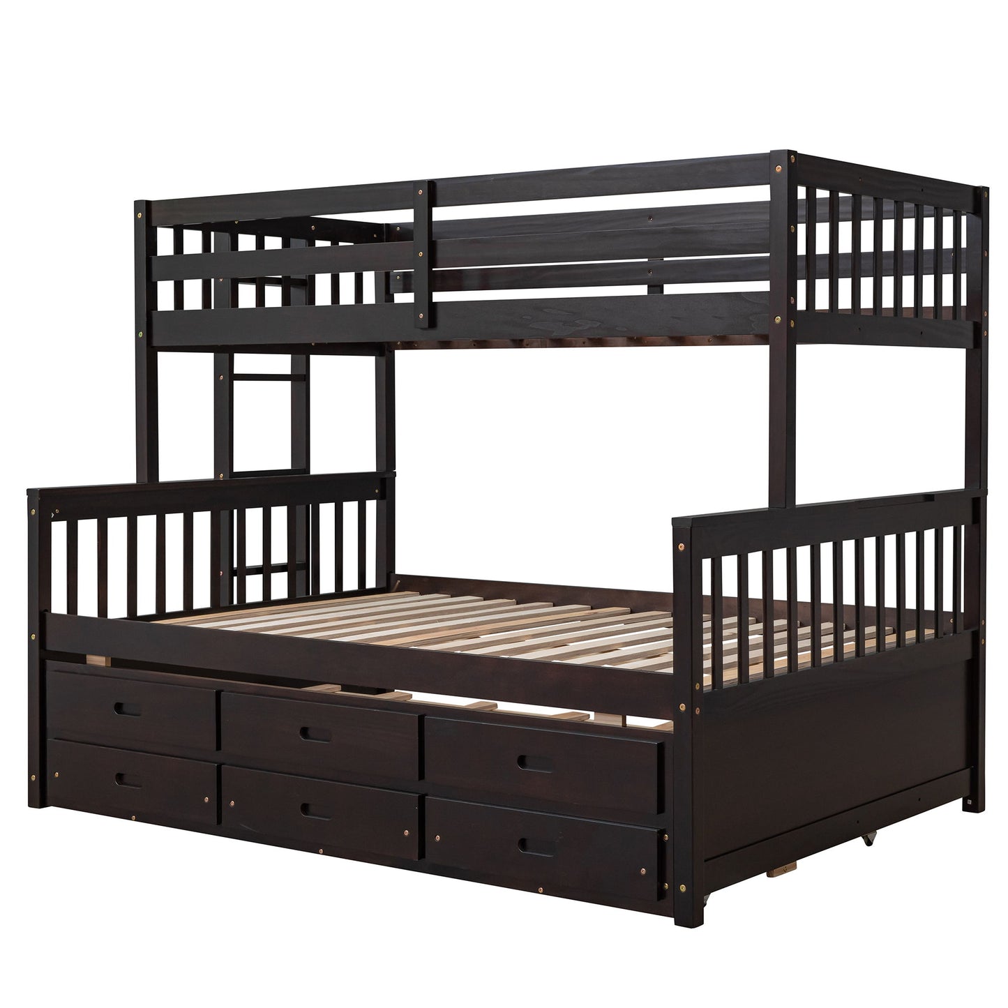 Twin Over Full Bunk Bed With Twin Size Trundle, With Drawers For Bedroom - Espresso