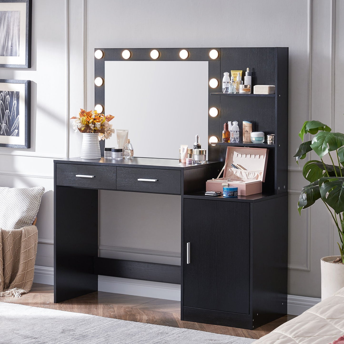Vanity Desk With Mirror And Lights, 46.4In Dressing Table With 2 Large Drawer & Large Vertical Organizer, 3 Level Dresser & 3 Lighting Modes Adjustable Brightness, Suitable For Bedroom - Black