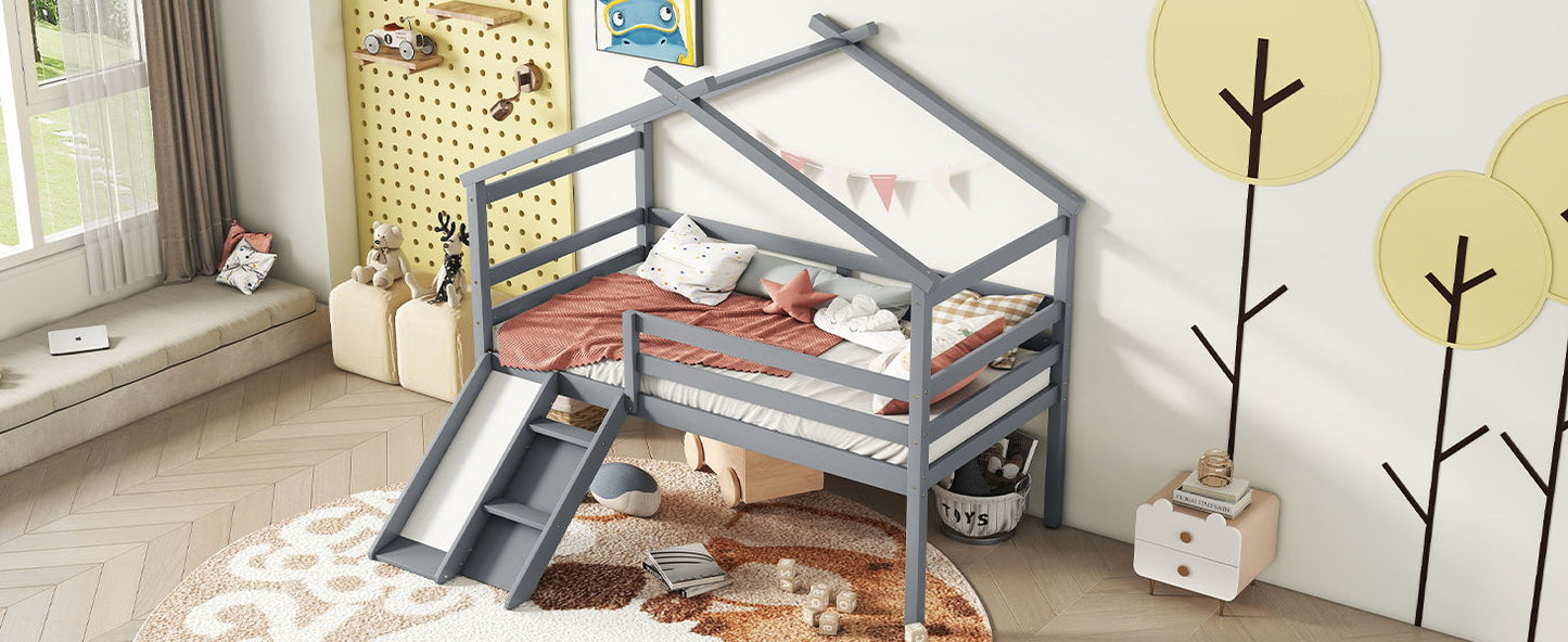 Twin Low Loft House Bed With Slide, Ladder, Safety Guardrails, House Roof Frame - Gray