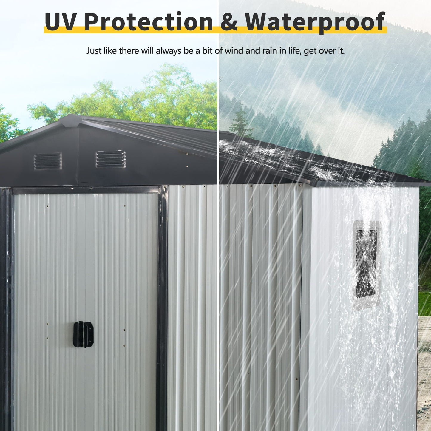 8Ft X 4Ft Outdoor Metal Storage Shed With Window And Metal Foundation For Backyard, Patio, Lawn - White / Black