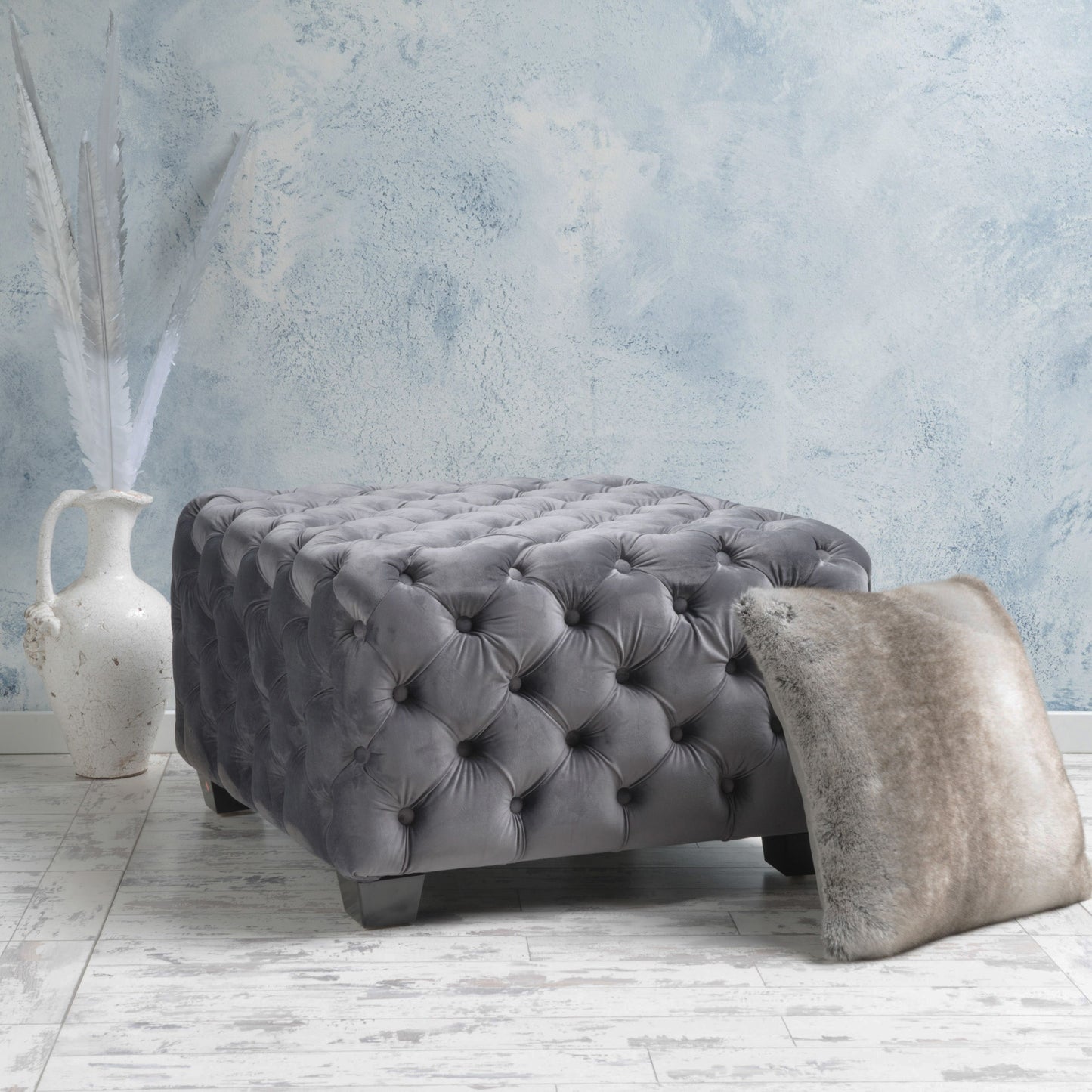 Modern Glam Velvet Ottoman With Button Tufted Diamond Stitch Design - Gray