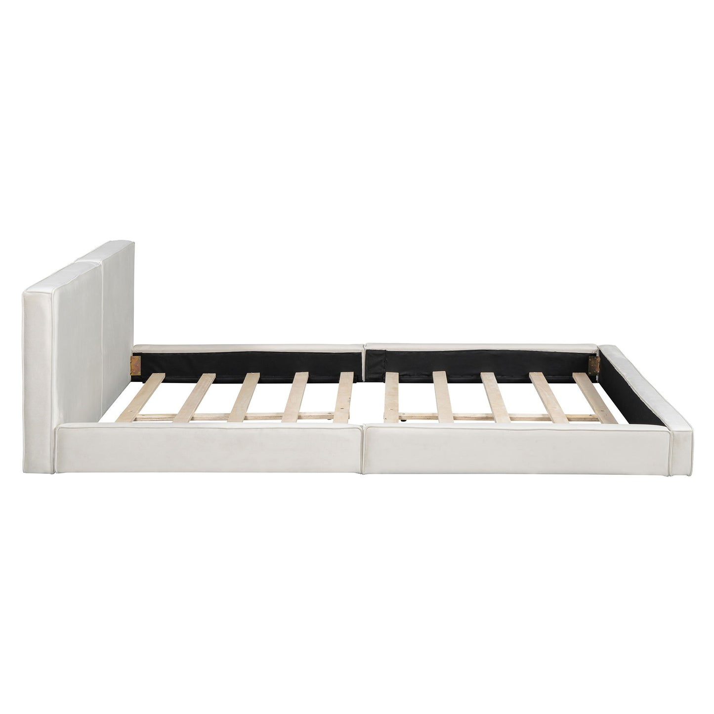 Queen Size Upholstered Platform Bed, Grounded Bed With Solid Frame - Beige