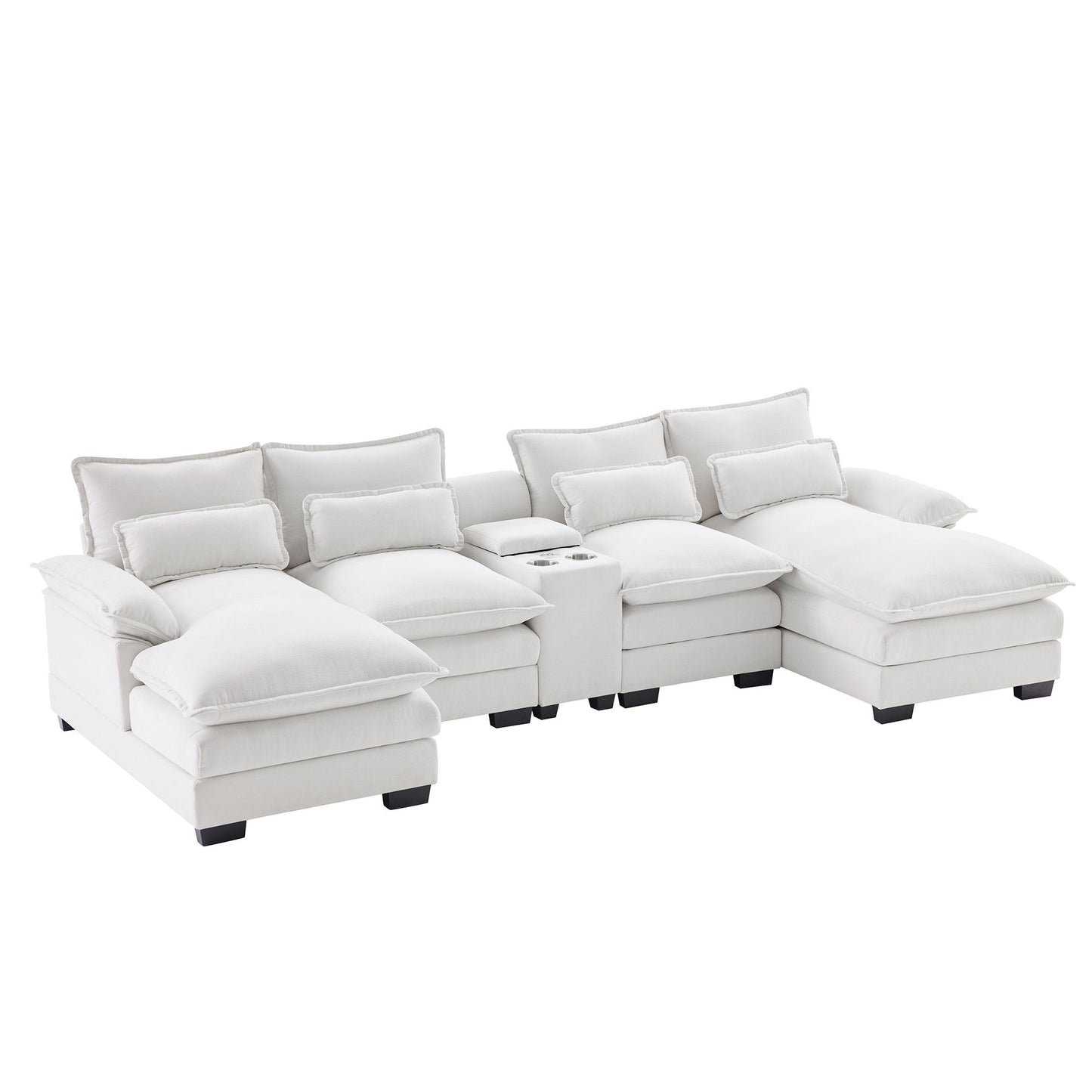 Modern U Shaped Sofa With Console, Cupholders And USB Ports, 6 Seat Upholstered Symmetrical Indoor Furniture, Sleeper Couch Set With Chaise - White