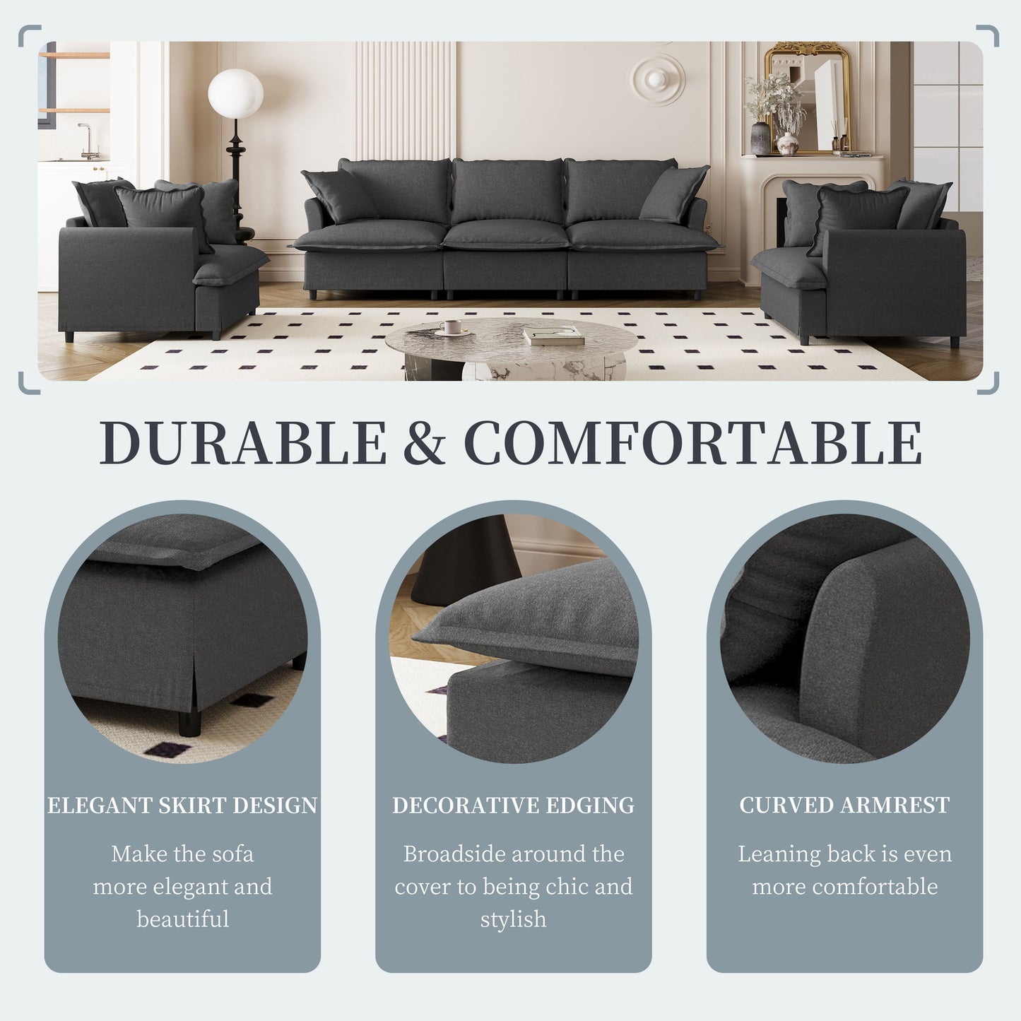 3 Piece Living Room Set Modular Sectional Couch Upholstered 3 Seater Sofa & 2 Armchairs 5 Seat - Gray