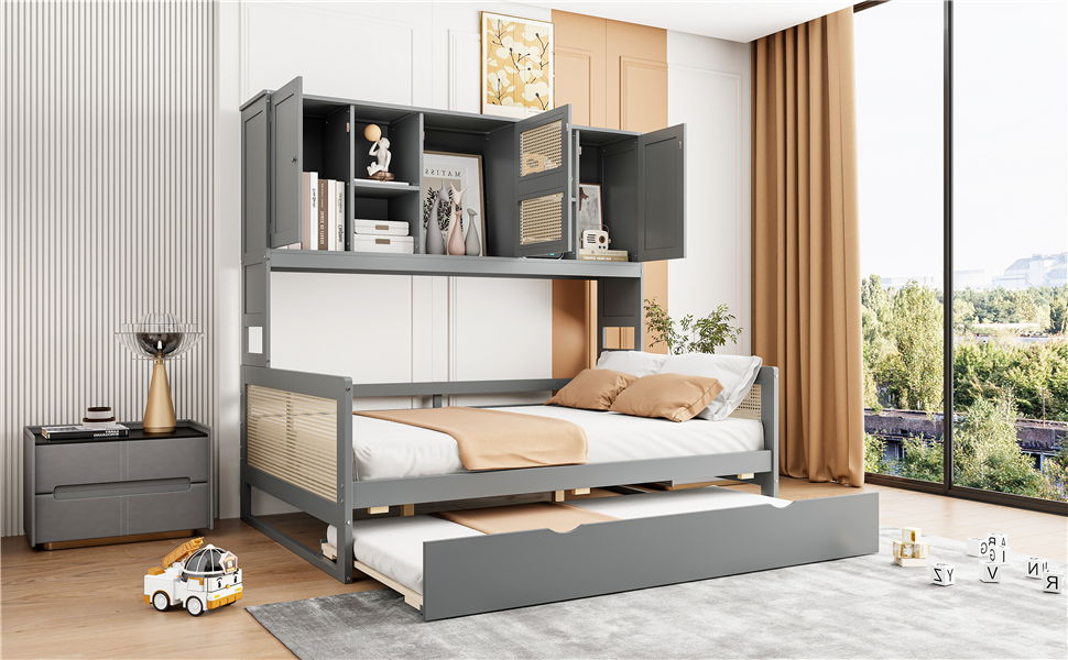Full Size Wooden Daybed & Twin Size Trundle, And All In One Cabinet And Shelf - Gray