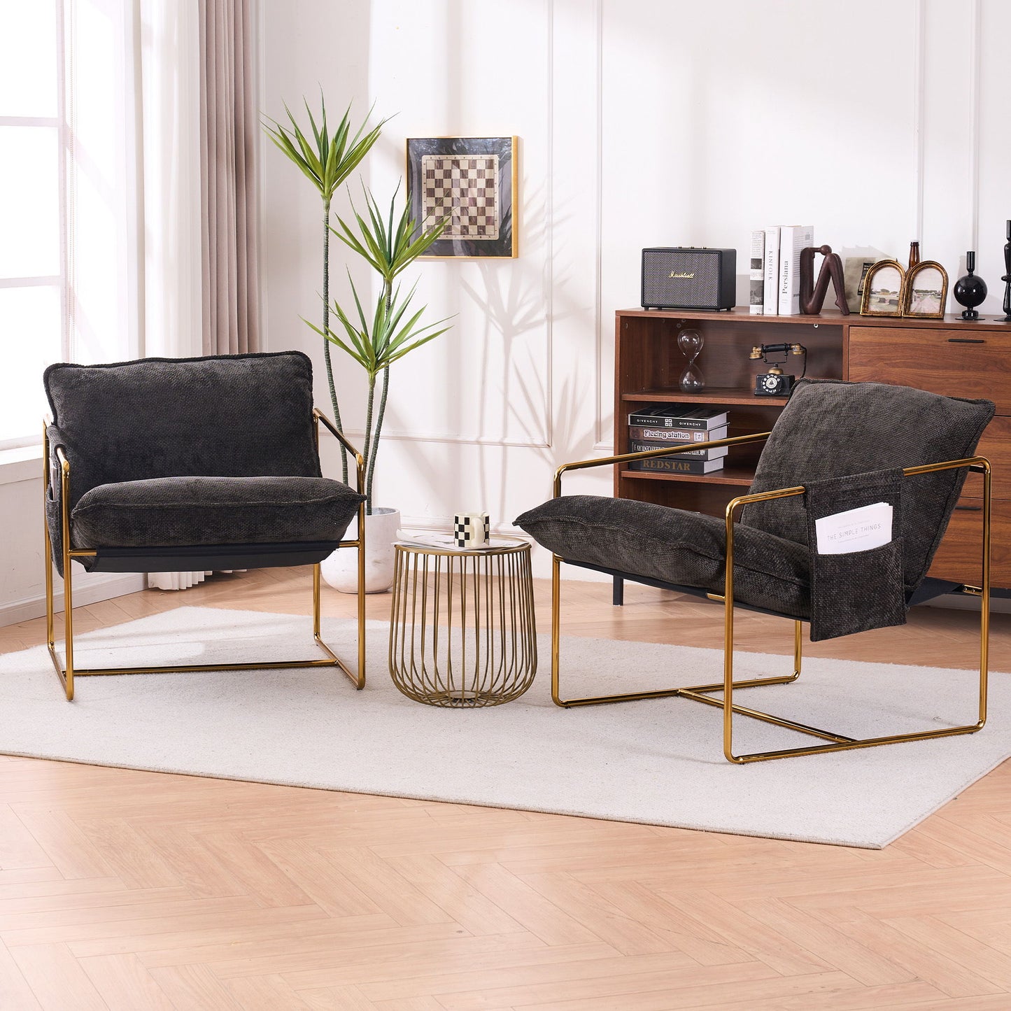 Upholstered Hanging Armchair With Arm Pocketsmetal Frame (Set of 2), Gold-Plated Craftsmanship, Crushed Foam Cushions And Skin-Friendly Woven Fabric For Living Room And Bedroom - Dark Gray