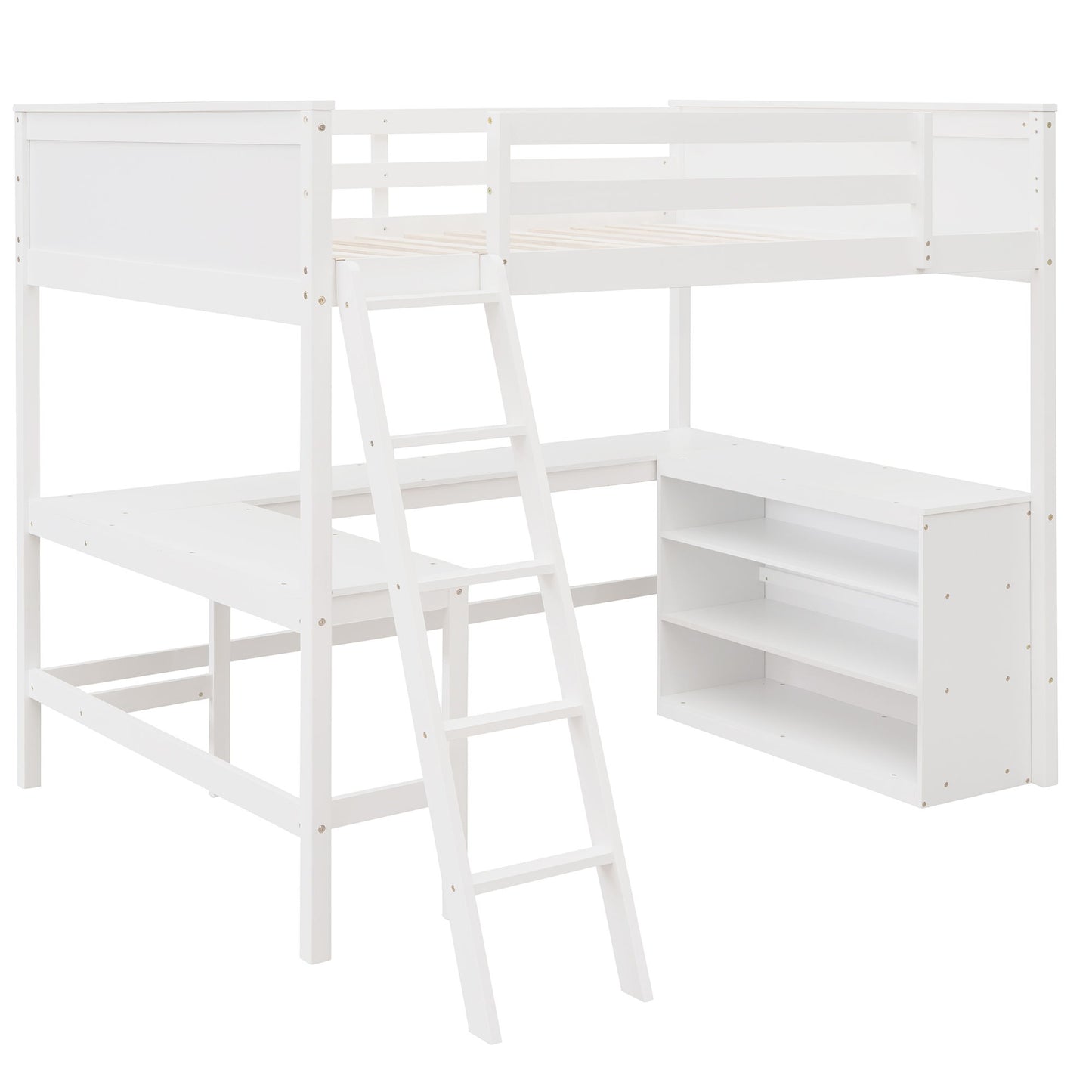 Full Size Loft Bed With Shelves With Desk - White