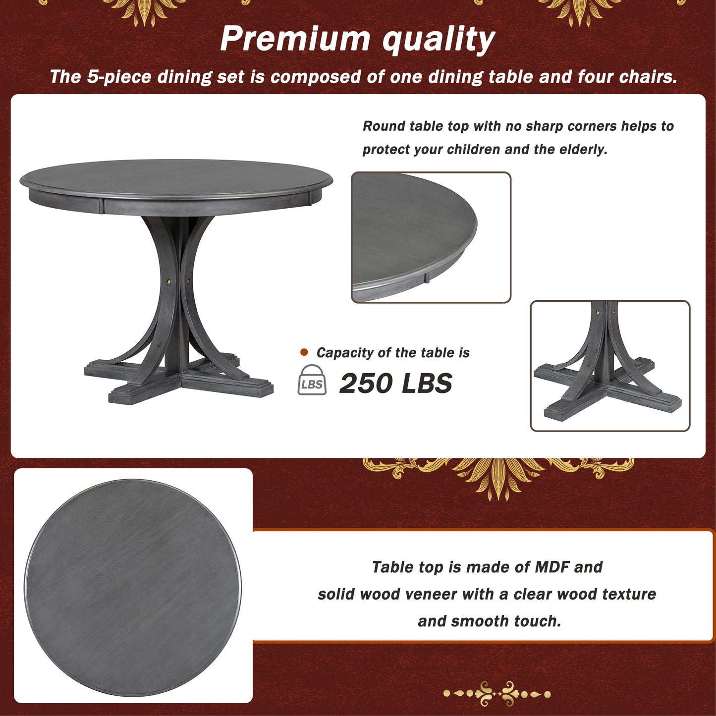 5 Piece Retro Round Dining Table Set With Curved Trestle Style Table Legs And 4 Upholstered Chairs For Dining Room - Dark Gray