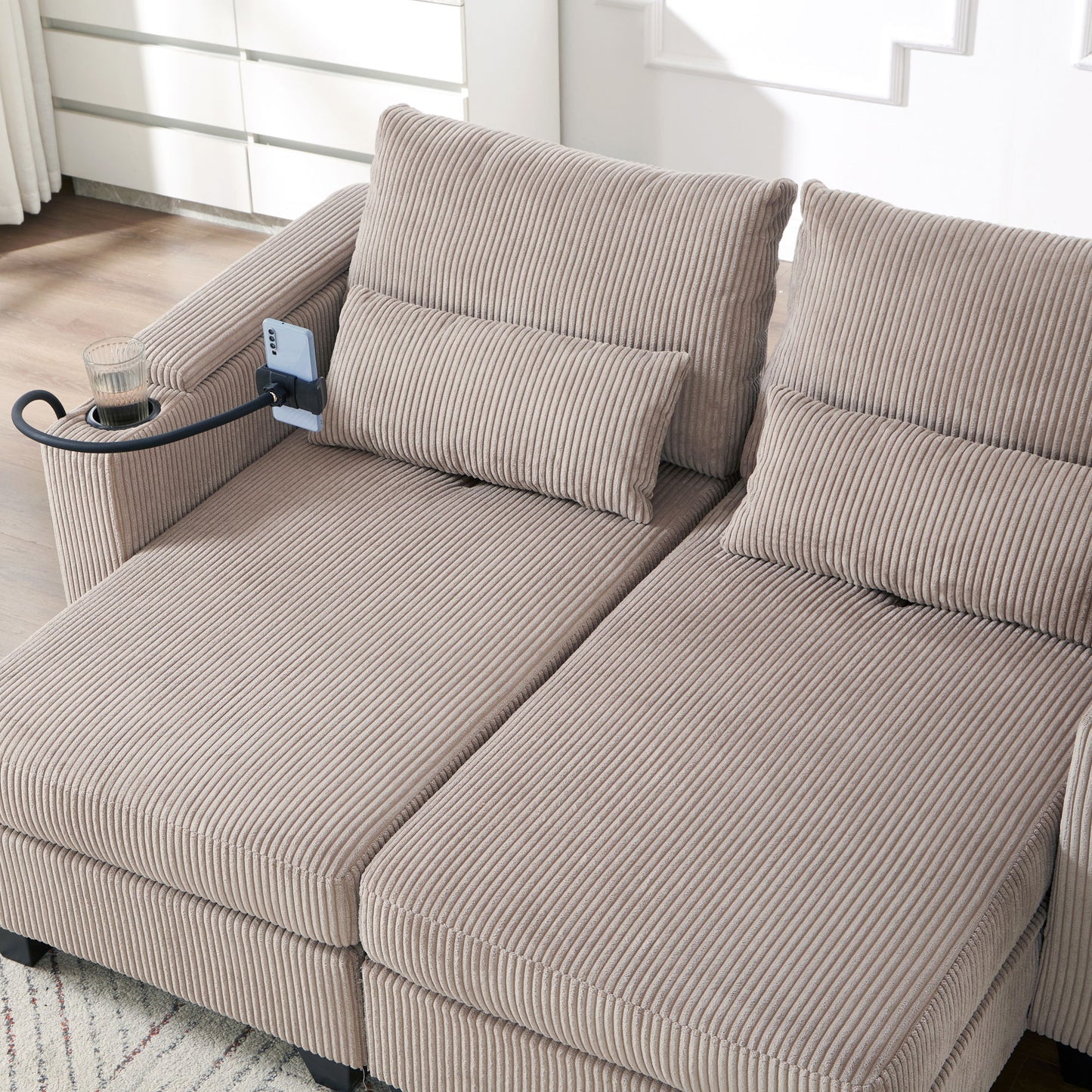 Convertible Chaise Lounge Loveseat Sofa Bed With USB Ports, Cup Holders, Phone Holder, Storage - Brown