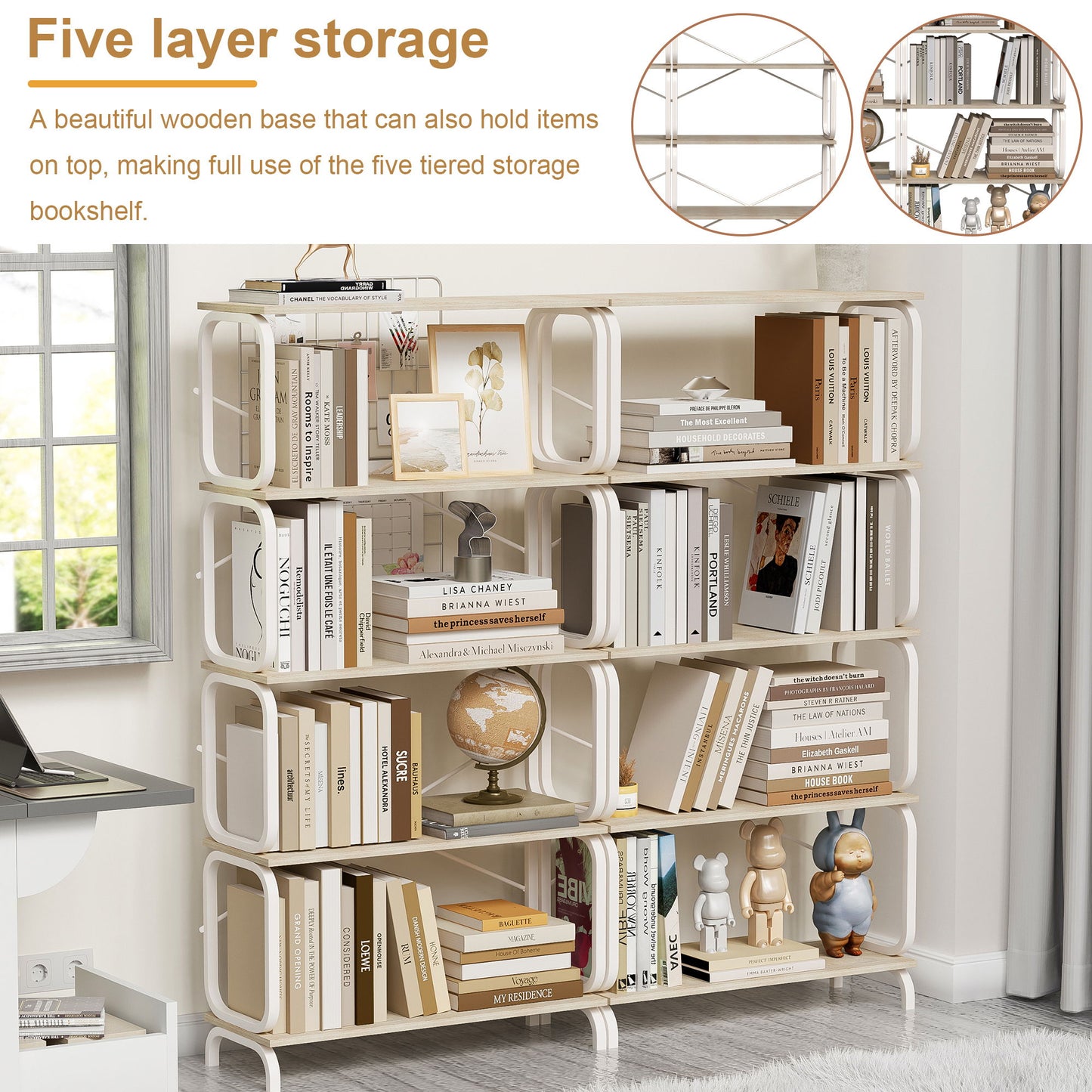 Vintage Industrial Style 5 Tier Large Bookshelf - White
